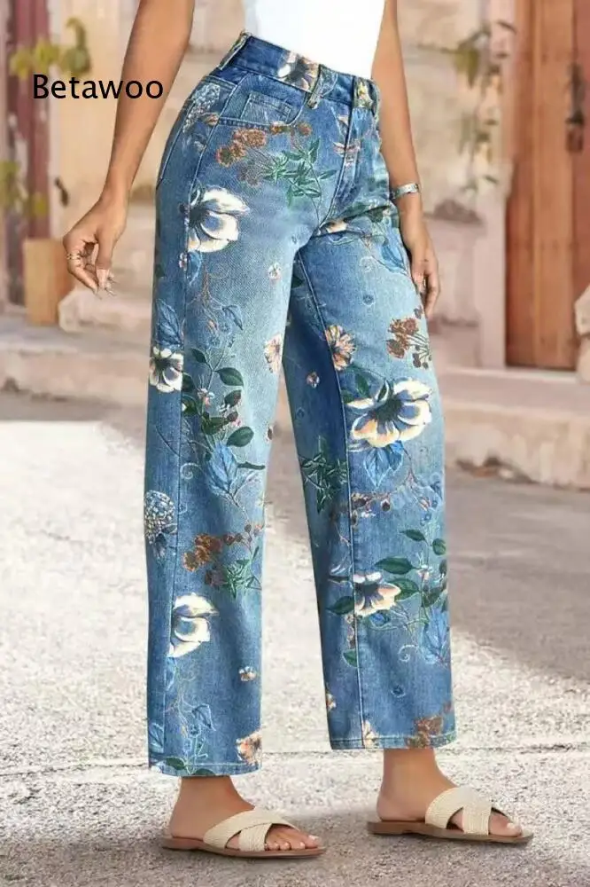 Casual Light Wash Blue Denim Pants With All Over Floral Print
Casual Light Wash Blue Denim Pants With All Over Floral Print