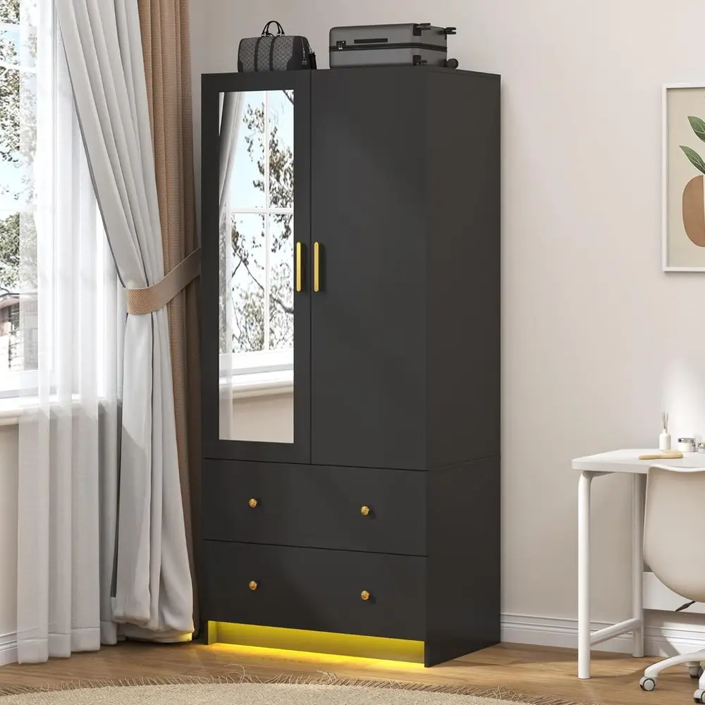 2-Door Wooden Wardrobe with LED Lighting and Hanging Rod for Small Bedroom Spaces
2-Door Wooden Wardrobe with LED Lighting and Hanging Rod for Small Bedroom Spaces