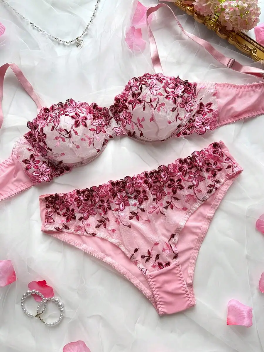 Pink Floral Embroidered Lace Bra and Panty Set for Women, Romantic Lingerie
Pink Floral Embroidered Lace Bra and Panty Set for Women, Romantic Lingerie