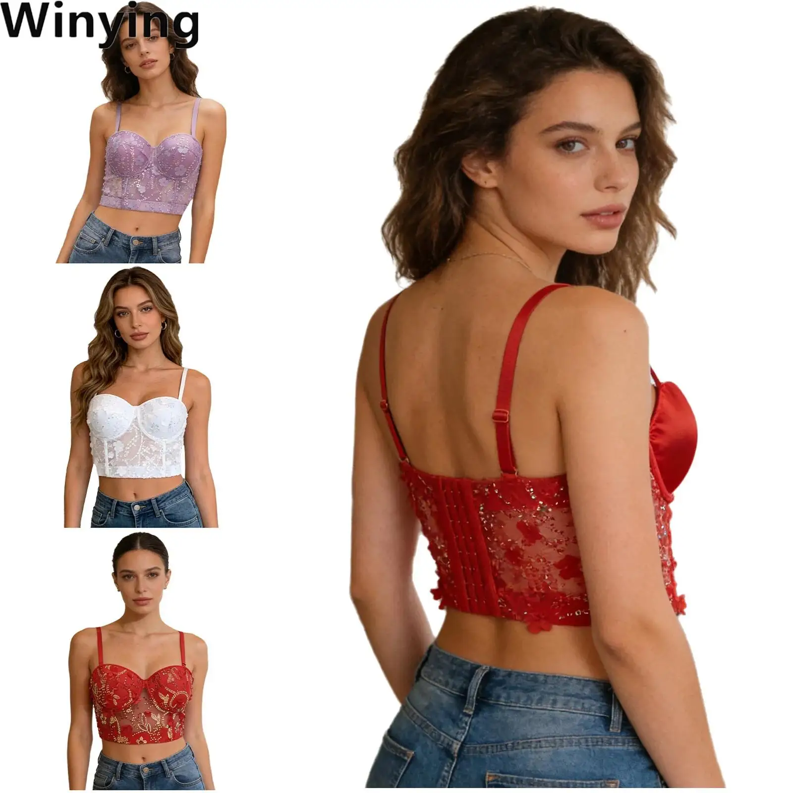 Women Sheer Mesh Appliques Sequins Bustier Vest Adjustable Spaghetti Straps Push-up Cup Underwire Crop Tops for Nightclub Beach
Women Sheer Mesh Appliques Sequins Bustier Vest Adjustable Spaghetti Straps Push-up Cup Underwire Crop Tops for Nightclub Beach