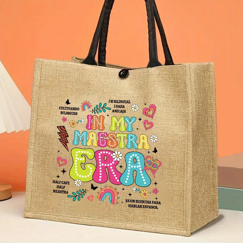 Funny Día Del Maestro De Español Tote Bag in My Maestra Era Printed Jute Reusable Grocery Bag Rectangular Tote for Outdoor
Funny Día Del Maestro De Español Tote Bag in My Maestra Era Printed Jute Reusable Grocery Bag Rectangular Tote for Outdoor