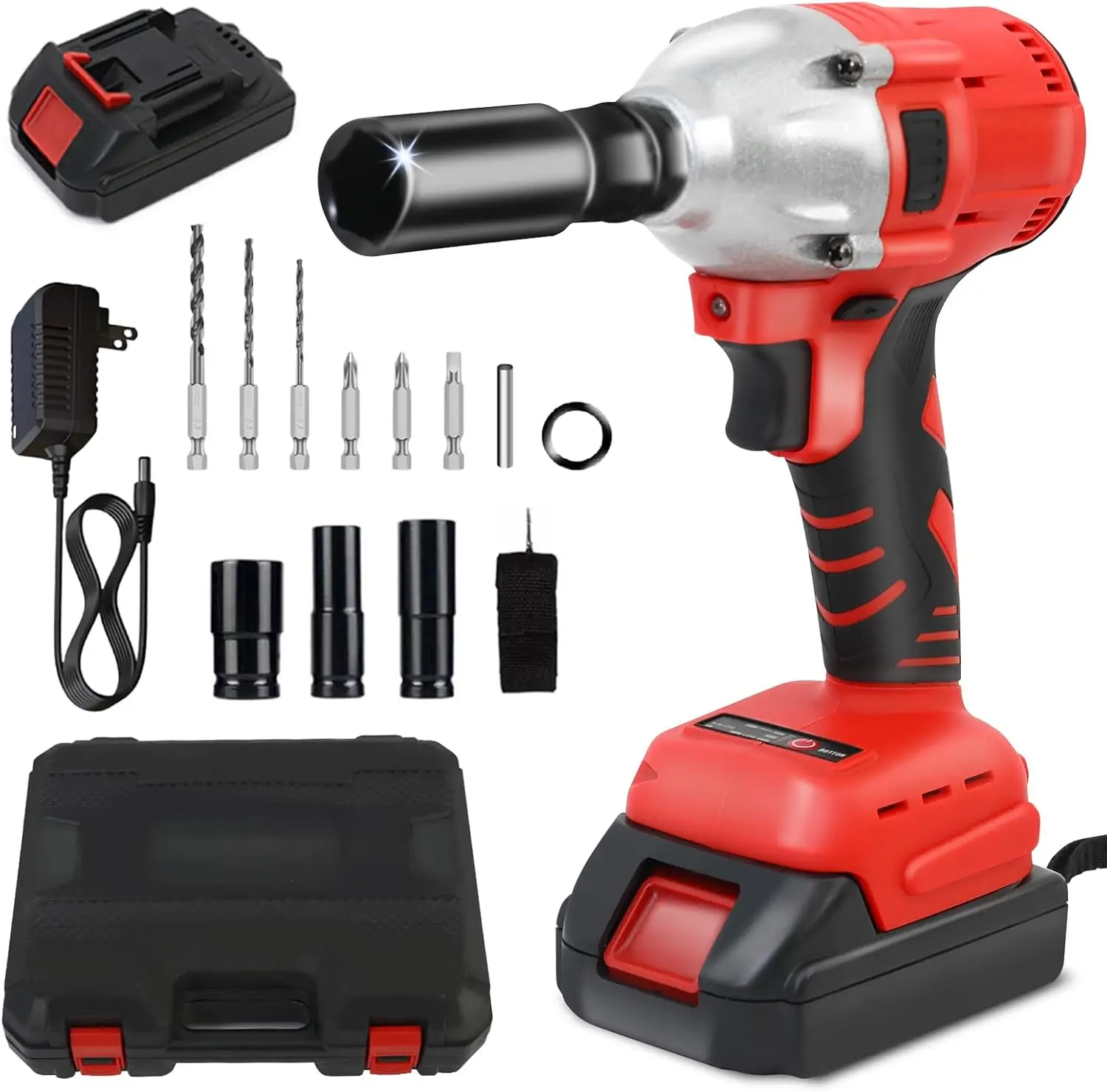 20V Cordless Impact Wrench 1/2', 450N.m, 2000mAh Battery, Fast Charger, 3 Sockets, 6 Bits, Variable Speed for Car Repair, Truck,
20V Cordless Impact Wrench 1/2', 450N.m, 2000mAh Battery, Fast Charger, 3 Sockets, 6 Bits, Variable Speed for Car Repair, Truck,