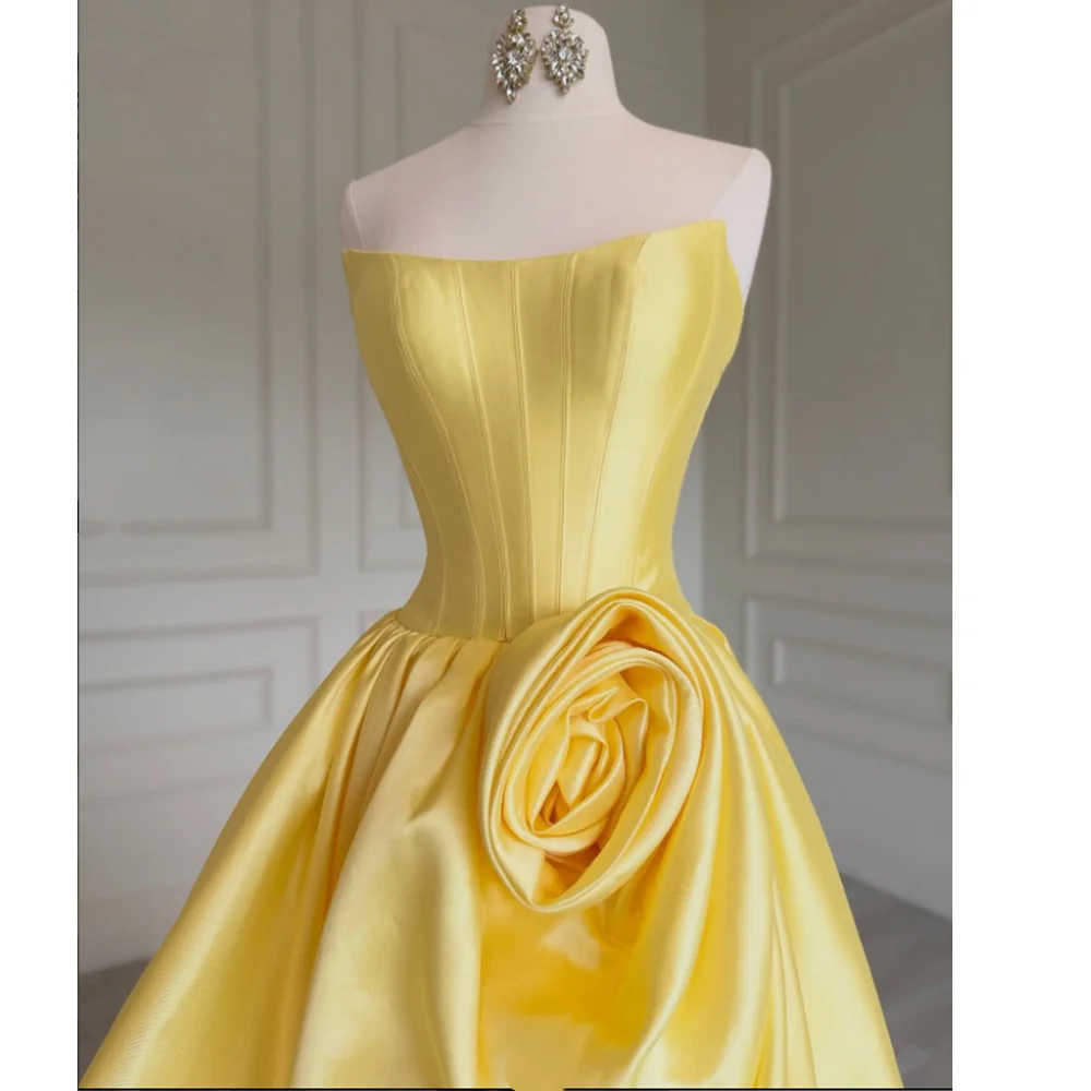 Yellow Prom Gowns Sleeveless Flower Evening Dress Strapless Pleated Ruched Ruffle Corset Wedding Party Dresses Customized
Yellow Prom Gowns Sleeveless Flower Evening Dress Strapless Pleated Ruched Ruffle Corset Wedding Party Dresses Customized