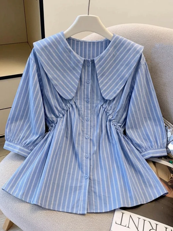 Slimming Waist Short Sleeve Striped Doll Collar Shirt for Women Korean Style Casual Fashion Summer New plus Size Women's Top
Slimming Waist Short Sleeve Striped Doll Collar Shirt for Women Korean Style Casual Fashion Summer New plus Size Women's Top