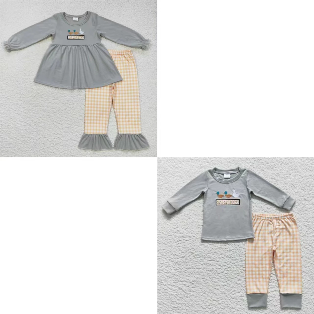 Wholesale Baby Boy Girl Grey Long Sleeves Cotton Pullover T-shirts Children Plaid Pants Set Toddler Kids Embroidery Duck Outfit
Wholesale Baby Boy Girl Grey Long Sleeves Cotton Pullover T-shirts Children Plaid Pants Set Toddler Kids Embroidery Duck Outfit