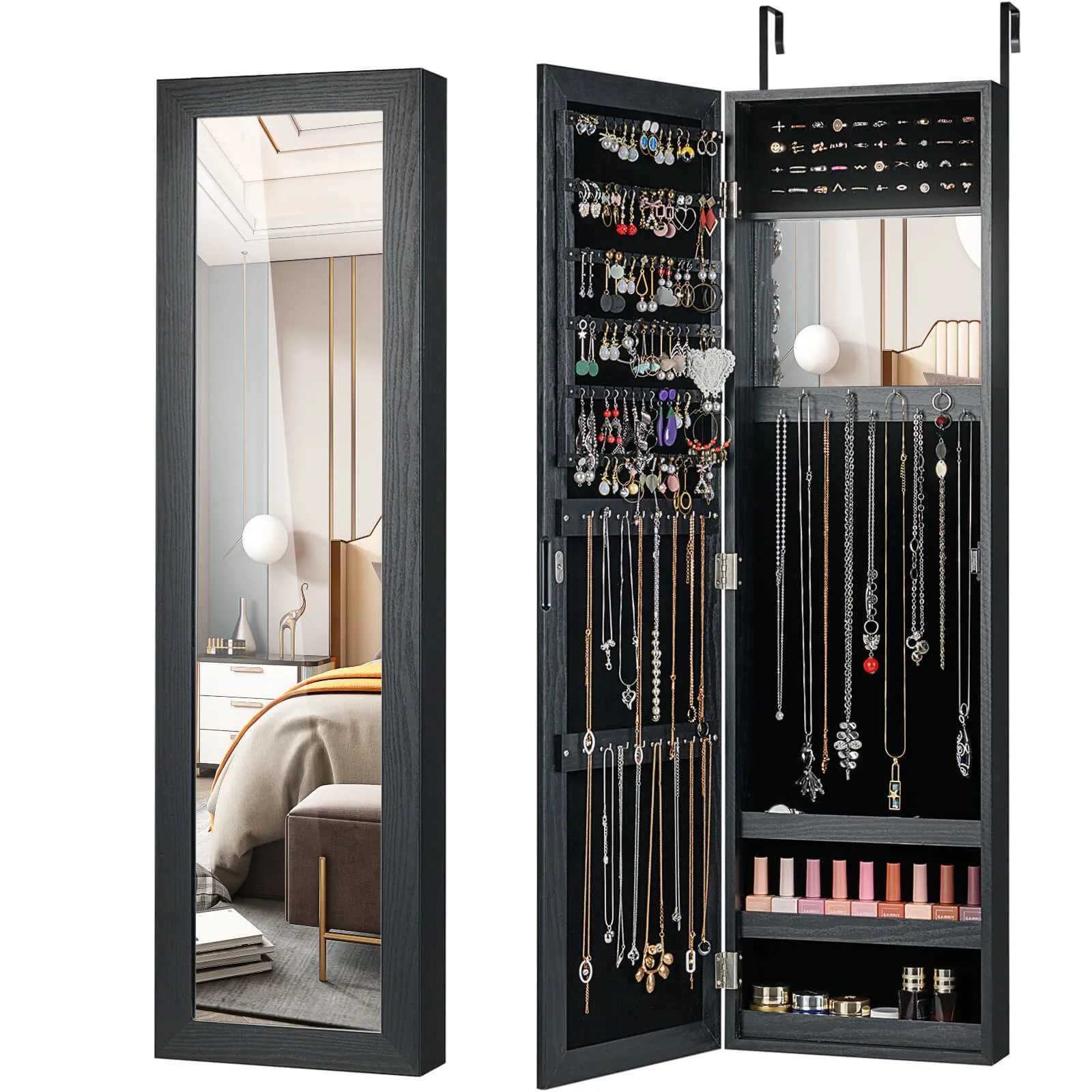 Mirrored Jewelry Cabinet Armoire Storage Organizer Wall Mounted Door Hanging Black Modern Makeup Vanity Organizer for Bedroom
Mirrored Jewelry Cabinet Armoire Storage Organizer Wall Mounted Door Hanging Black Modern Makeup Vanity Organizer for Bedroom