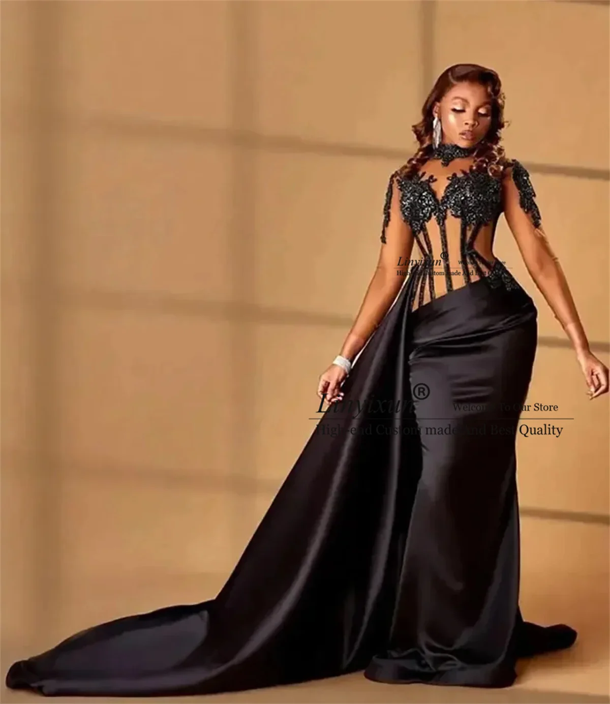Black Mermaid Prom Dress With Appliques Lace Long Sleeves illusion Evening Gowns Dimension High Neck Detchable Train Party Dress
Black Mermaid Prom Dress With Appliques Lace Long Sleeves illusion Evening Gowns Dimension High Neck Detchable Train Party Dress
