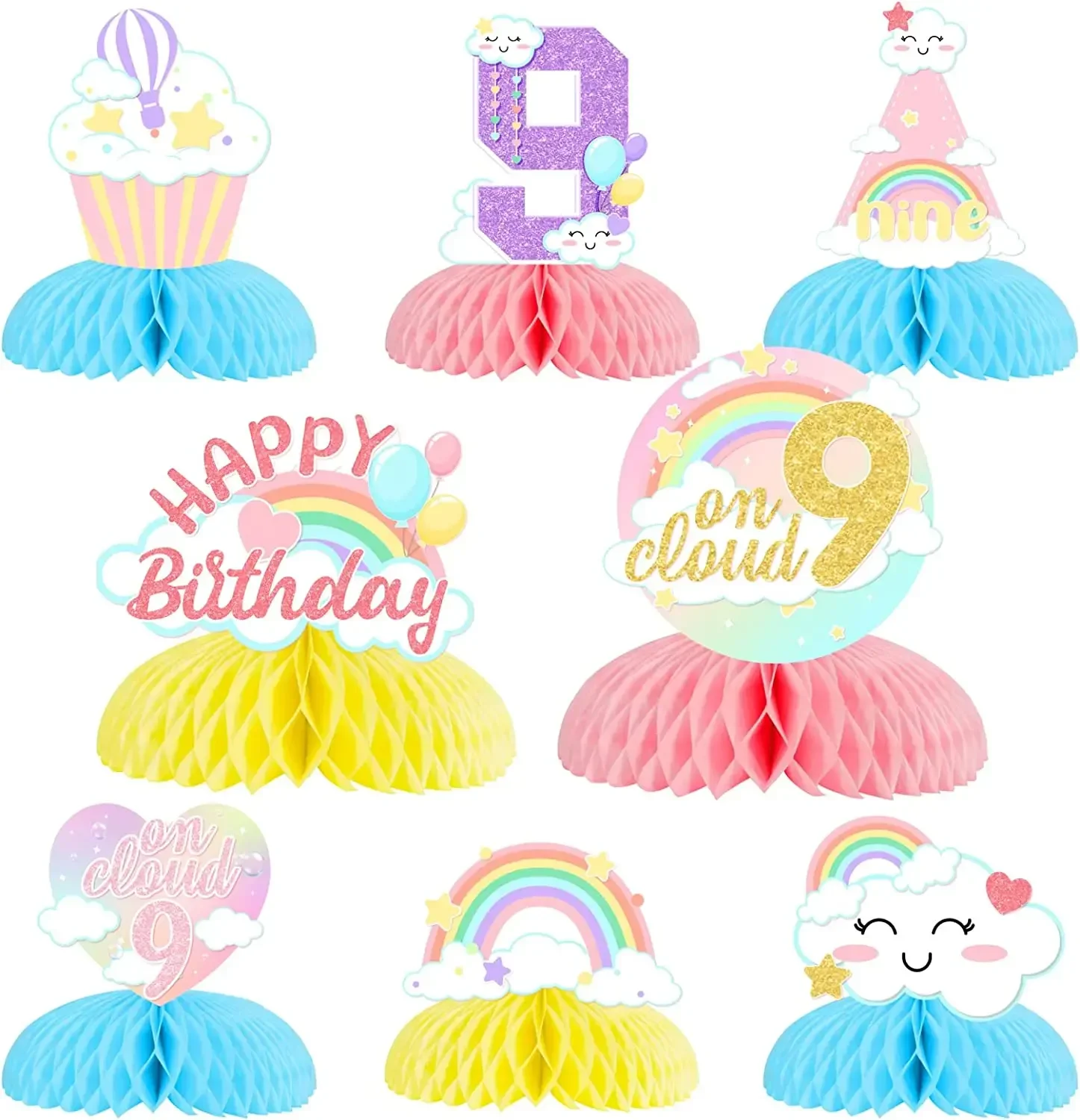 Cloud 9 Table Decorations for Girls, Rainbow, Happy Birthday, Honeycomb Centerpieces, Colorful, 3D Table Supplies, 8PCs
Cloud 9 Table Decorations for Girls, Rainbow, Happy Birthday, Honeycomb Centerpieces, Colorful, 3D Table Supplies, 8PCs