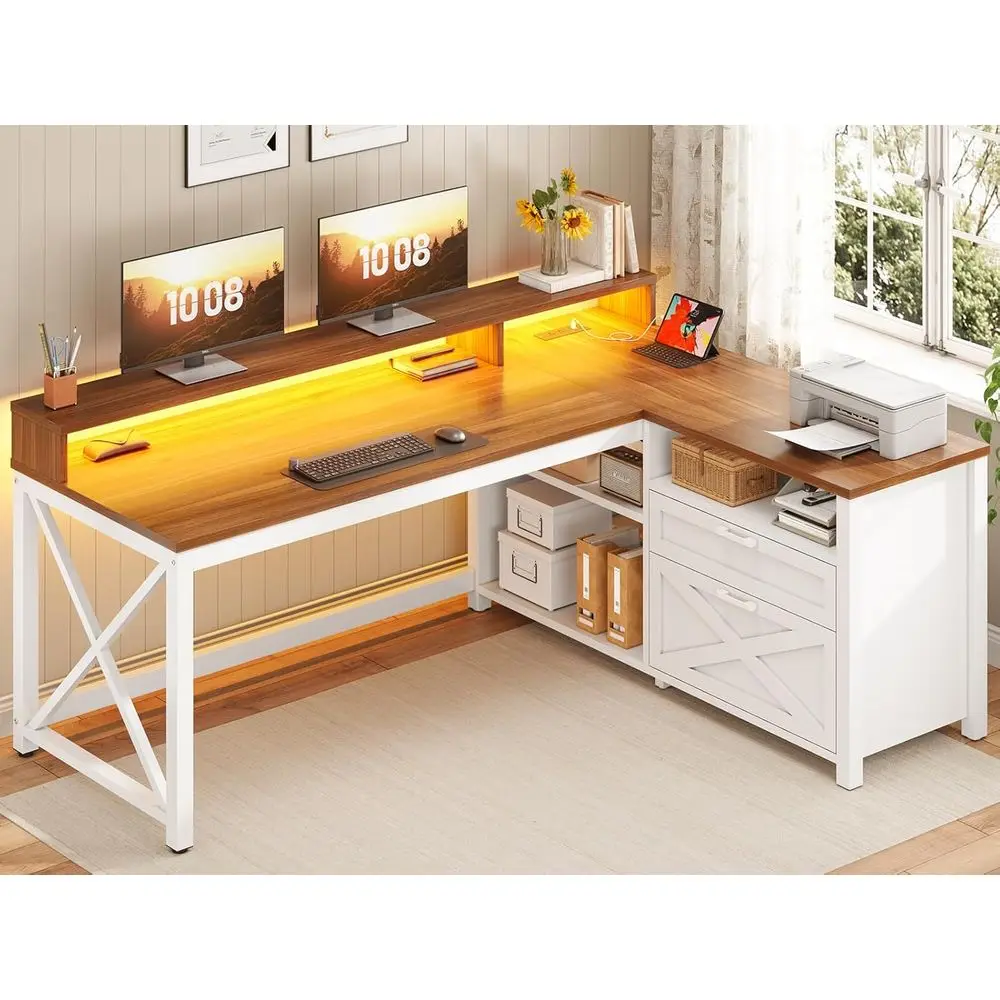 55 L-Shaped Desk with Drawers, Storage, LED Lights, Power Outlet, and Monitor Shelf, Brown
55 L-Shaped Desk with Drawers, Storage, LED Lights, Power Outlet, and Monitor Shelf, Brown