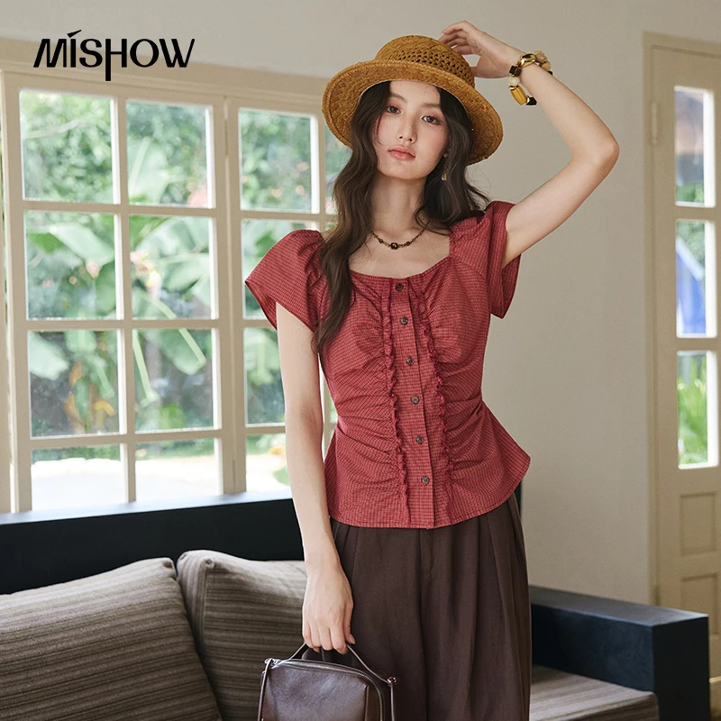 MISHOW Women's 100% Cotton Vintage Red Plaid Blouse 2026 Summer French Square Neck Ruffle Ruched Waist Slim Blouses MXF20X2741
MISHOW Women's 100% Cotton Vintage Red Plaid Blouse 2026 Summer French Square Neck Ruffle Ruched Waist Slim Blouses MXF20X2741