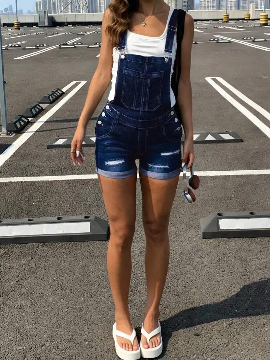 Womens Denim Suspenders Shorts With Distressed Detail And Rolled Hem
Womens Denim Suspenders Shorts With Distressed Detail And Rolled Hem