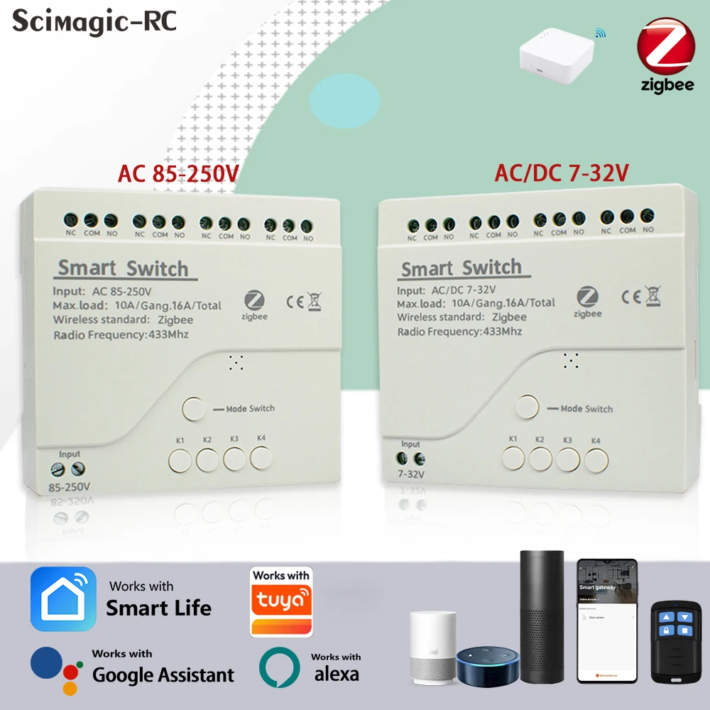 4CH Zigbee Relay Smart Home Switch Module AC/DC7-32V 85-250V APP Remote Control wireless RF Relay with Zigbee Gateway Hub