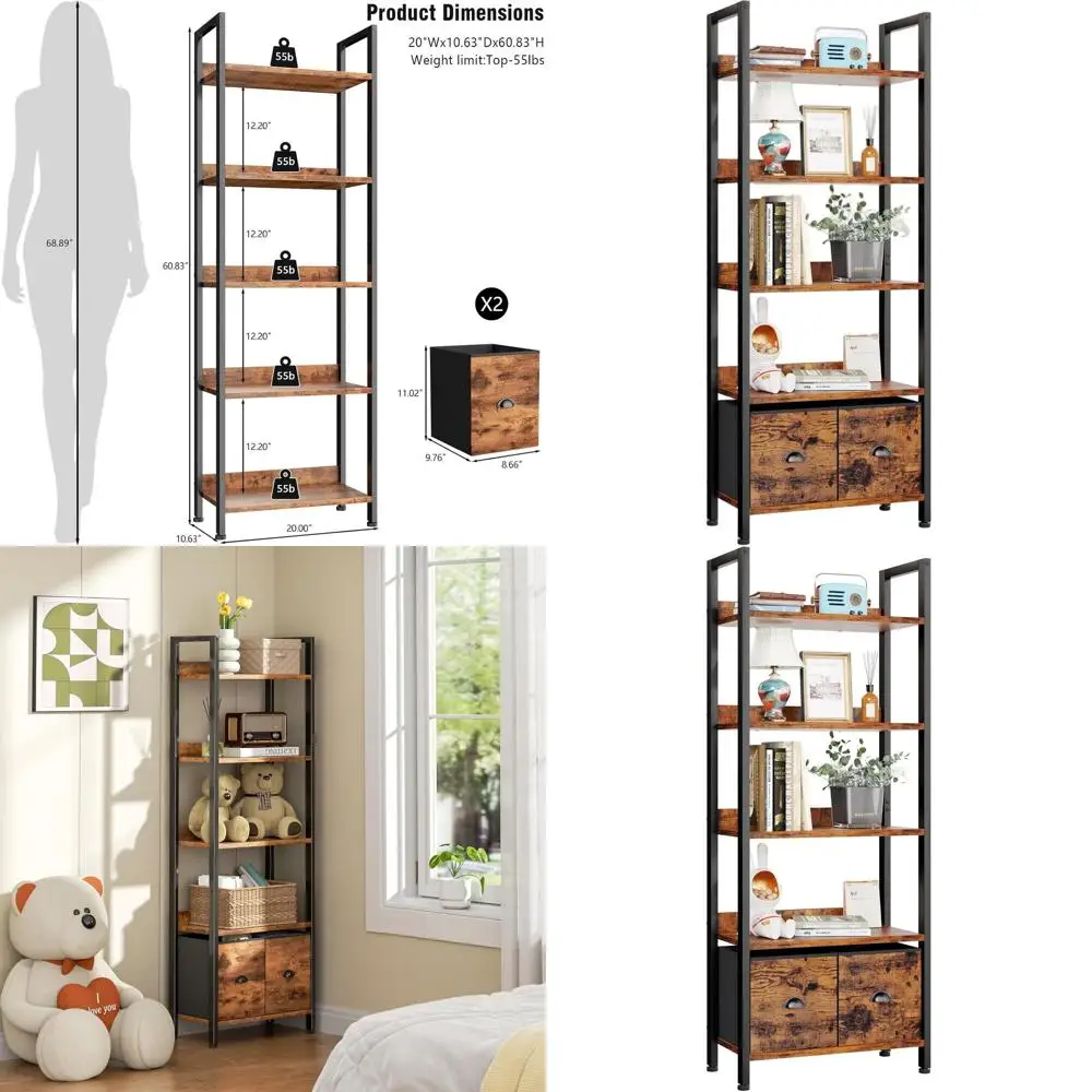 Высокий 5-ярусный книжный шкаф с 2 ящиками, регулируемый стеллаж в индустриальном стиле, деревянная и металлическая полка для гостиной, спальни, дома
Высокий 5-ярусный книжный шкаф с 2 ящиками, регулируемый стеллаж в индустриальном стиле, деревянная и металлическая полка для гостиной, спальни, дома