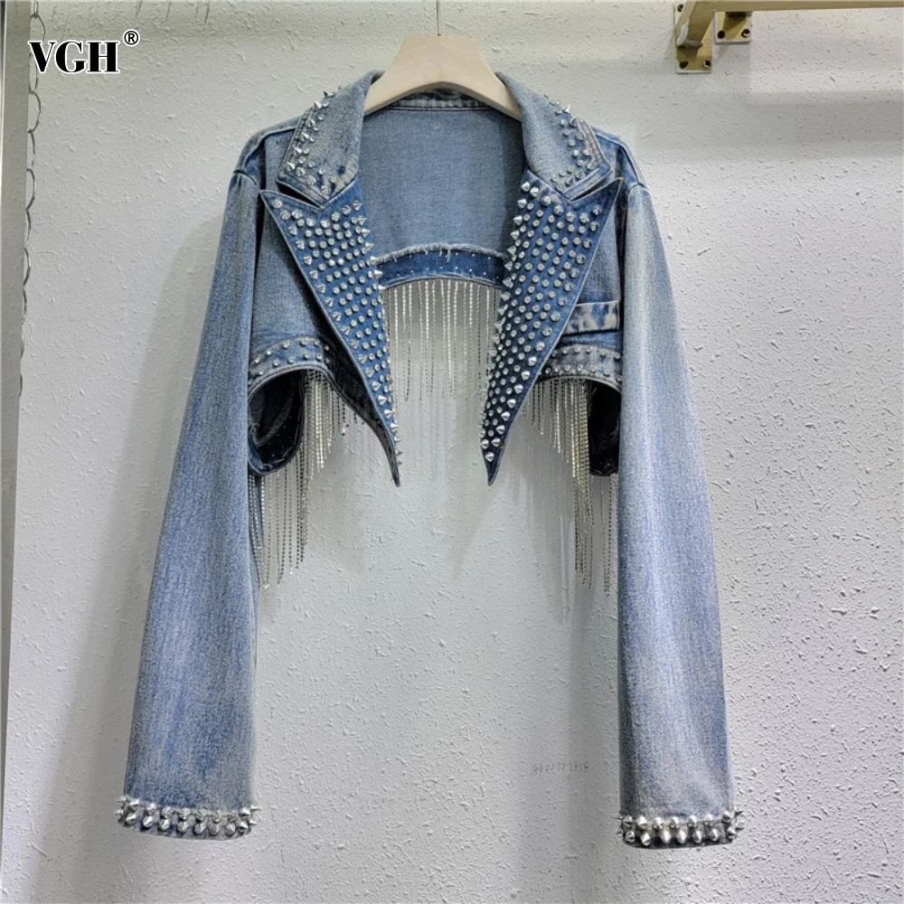 VGH American Retro Spliced Rivet Tassel Short Coat for Women Lapel Long Sleeve Hot Girl Style Patchwork Denim Jackets Female New
VGH American Retro Spliced Rivet Tassel Short Coat for Women Lapel Long Sleeve Hot Girl Style Patchwork Denim Jackets Female New