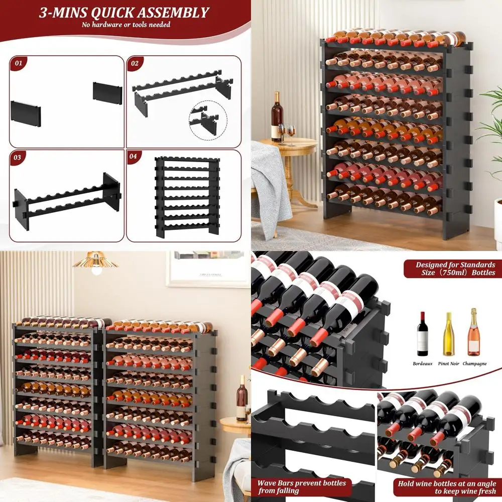 Штабелируемая полка для вина на 72 бутылки, отдельно стоящая 8-уровневая полка для хранения, инструменты не требуется, черная для кухни, бара, столовой и Ce
Штабелируемая полка для вина на 72 бутылки, отдельно стоящая 8-уровневая полка для хранения, инструменты не требуется, черная для кухни, бара, столовой и Ce