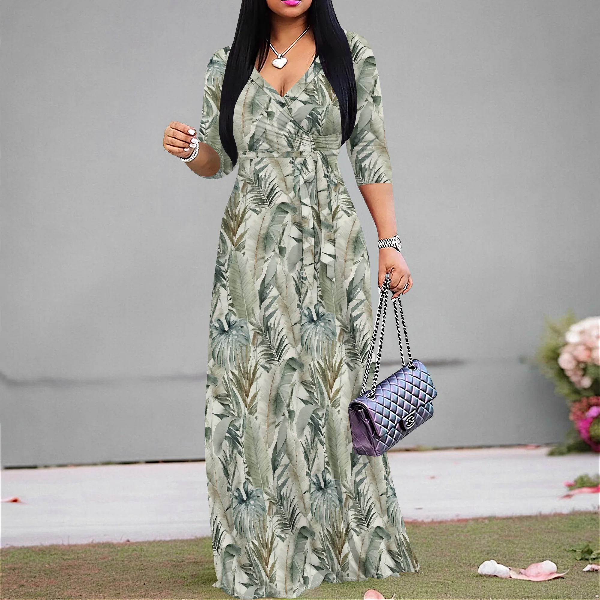 Tropical Green Leaf Print Maxi Dress for Women S-3XL V-Neck Wrap Style for Spring Holiday or Nature Commute Look
Tropical Green Leaf Print Maxi Dress for Women S-3XL V-Neck Wrap Style for Spring Holiday or Nature Commute Look