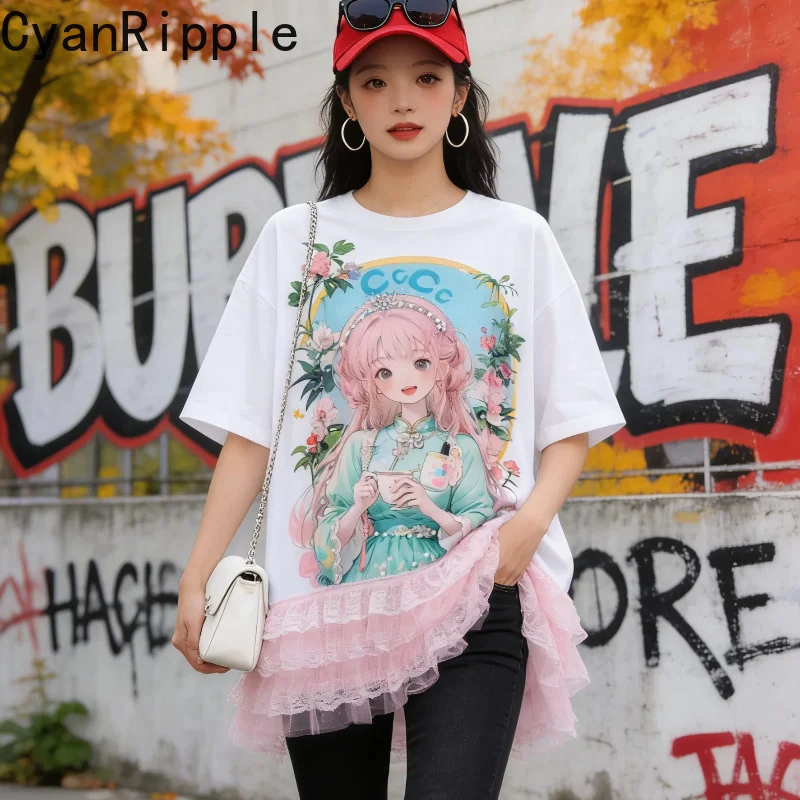 Korea All-match Summer Women Mid-long T-shirt Sweet Beading Cartoon Printed Round Neck Pullover Top Elegant Lace Tees Dress
Korea All-match Summer Women Mid-long T-shirt Sweet Beading Cartoon Printed Round Neck Pullover Top Elegant Lace Tees Dress