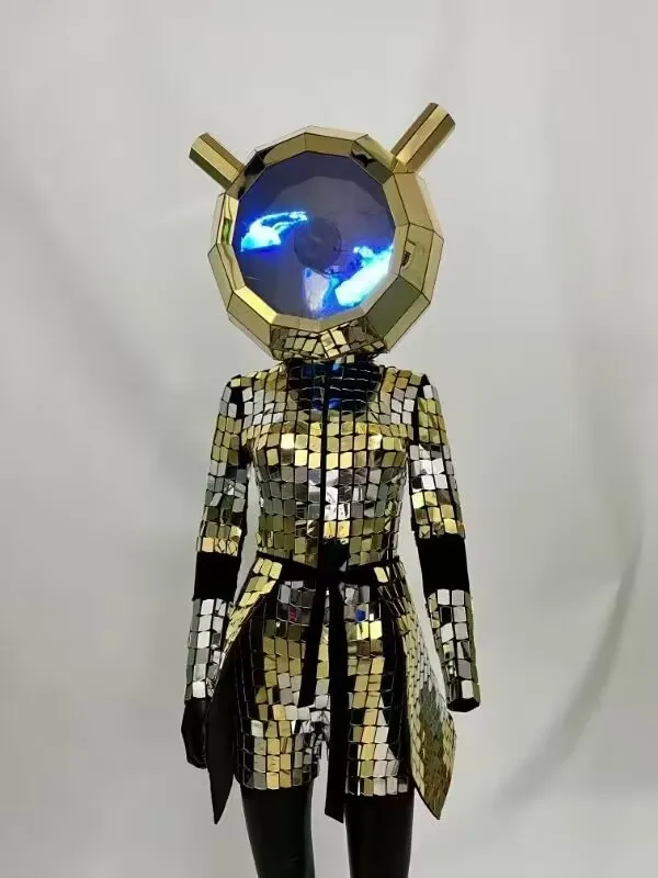 Mirror costume with display helmet heagear women dancer entertainment show party outfitLuxury Night Party performance Wear
Mirror costume with display helmet heagear women dancer entertainment show party outfitLuxury Night Party performance Wear