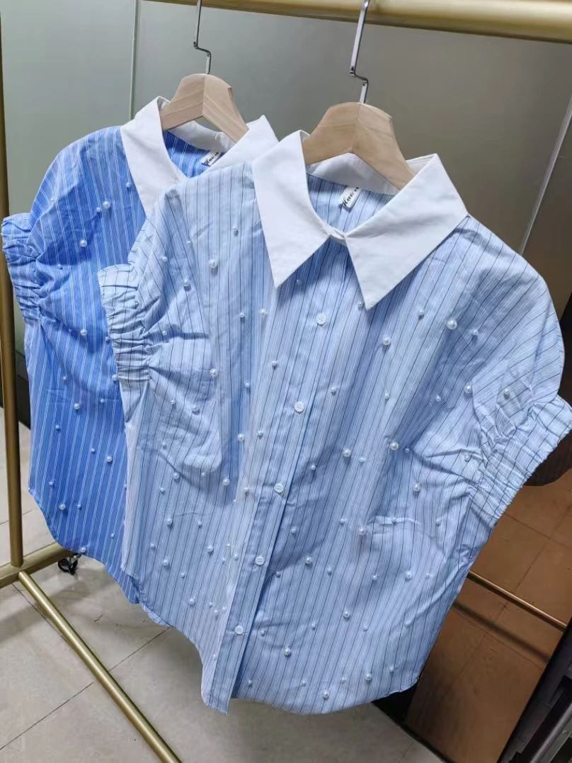 Real Photo Exquisite Beaded Short Sleeved Loose Casual Mid-Length Shirts Women's Blouses 2025 Summer Stripe Tops
Real Photo Exquisite Beaded Short Sleeved Loose Casual Mid-Length Shirts Women's Blouses 2025 Summer Stripe Tops