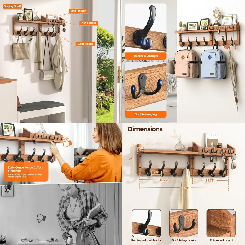 Вешалка для одежды 29 дюймов, настенное крепление с полкой, настенная вешалка для одежды 4 в 1 с 11 крючками, держатель для ключей в прихожей с держателем для почты
Вешалка для одежды 29 дюймов, настенное крепление с полкой, настенная вешалка для одежды 4 в 1 с 11 крючками, держатель для ключей в прихожей с держателем для почты