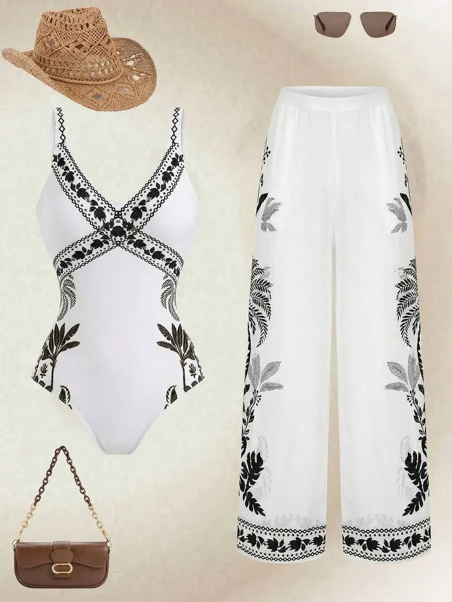 Womens White Floral Embroidered One-Piece Swimsuit With Matching Wide Leg Pants Set
Womens White Floral Embroidered One-Piece Swimsuit With Matching Wide Leg Pants Set