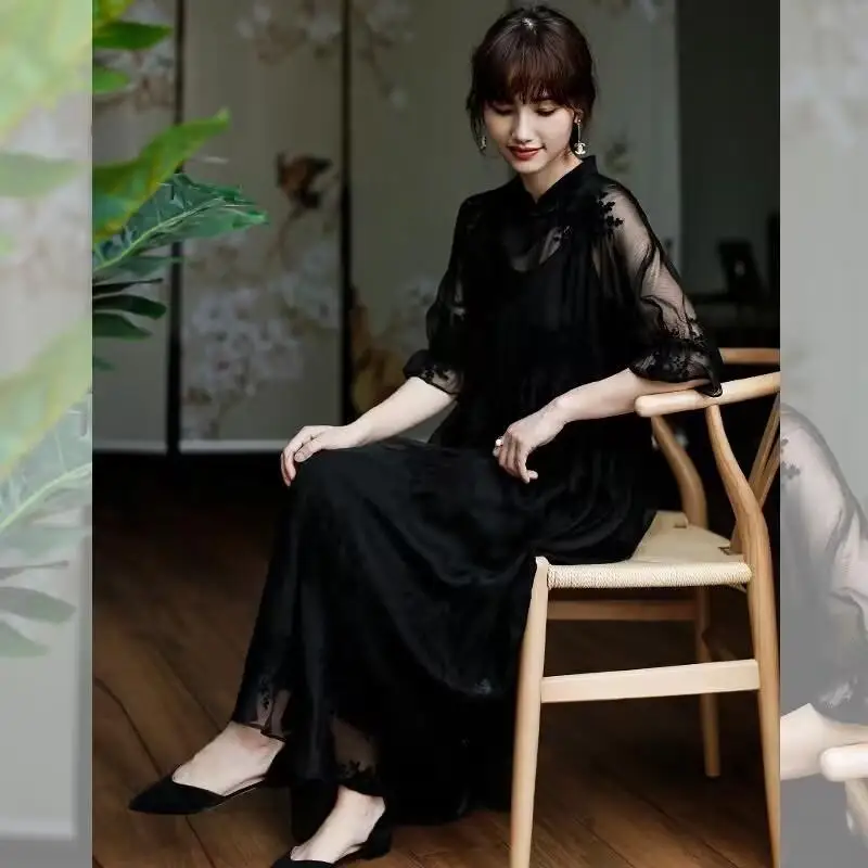 Chinese Style Improved Lace Qipao Dress Retro Loose Cheongsam Dress Casual Daily Improved Women Graceful BLACK Party Dress
Chinese Style Improved Lace Qipao Dress Retro Loose Cheongsam Dress Casual Daily Improved Women Graceful BLACK Party Dress