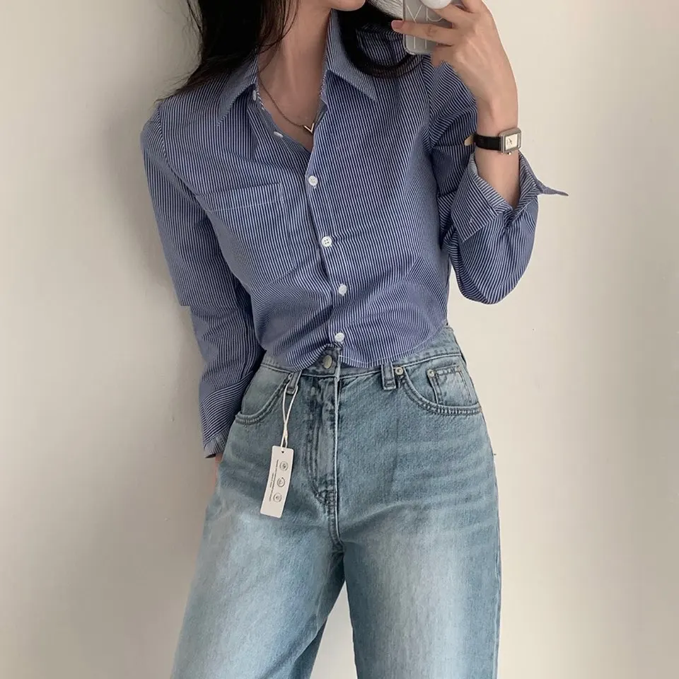 Chic Vintage High Waist ort Striped irt Women's Slim Fit irt Commute Sle Collar Button up Long Sve Spring
Chic Vintage High Waist ort Striped irt Women's Slim Fit irt Commute Sle Collar Button up Long Sve Spring
