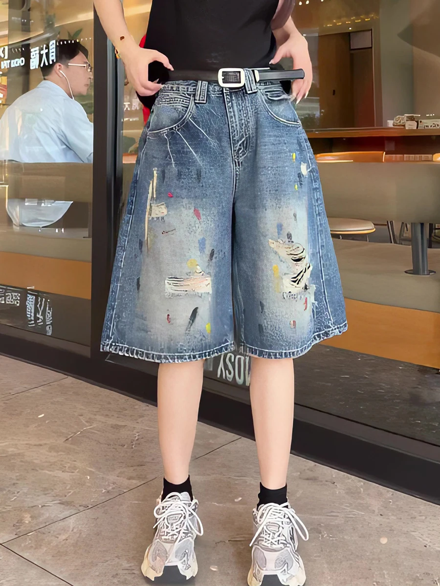 Retro Distressed Five-Point Denim Shorts Women's Summer New American Thin Graffiti Slim Straight Wide Leg Pants
Retro Distressed Five-Point Denim Shorts Women's Summer New American Thin Graffiti Slim Straight Wide Leg Pants