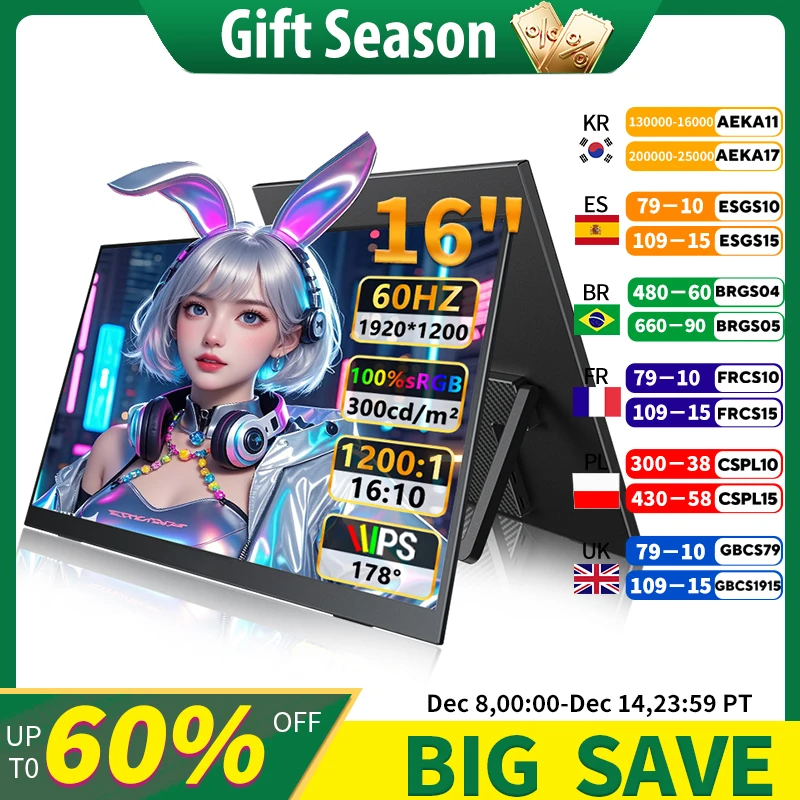 16" Portable Monitor 1200P IPS 100%sRGB 300Cd/m² Comes with dual speakers Travel Gaming Display for Laptop Switch ps4 ps5 Xbox
16" Portable Monitor 1200P IPS 100%sRGB 300Cd/m² Comes with dual speakers Travel Gaming Display for Laptop Switch ps4 ps5 Xbox