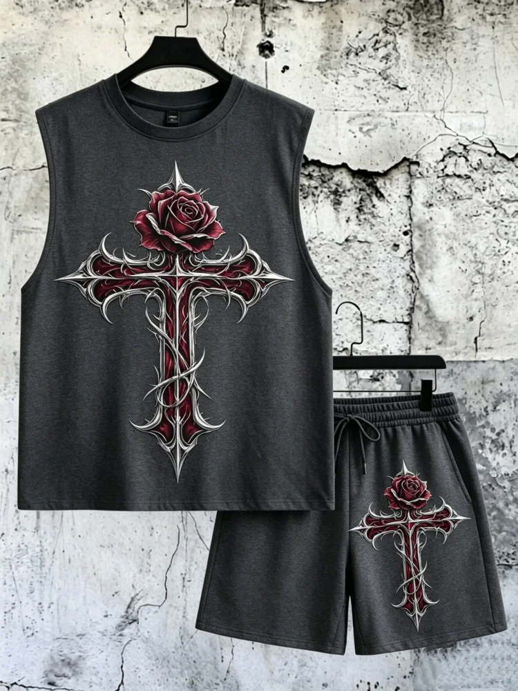 Men's 2-Piece Loose Fit Sleeveless Tank & Shorts, Gothic Rose Cross Print Comfort Summer Outfit
Men's 2-Piece Loose Fit Sleeveless Tank & Shorts, Gothic Rose Cross Print Comfort Summer Outfit