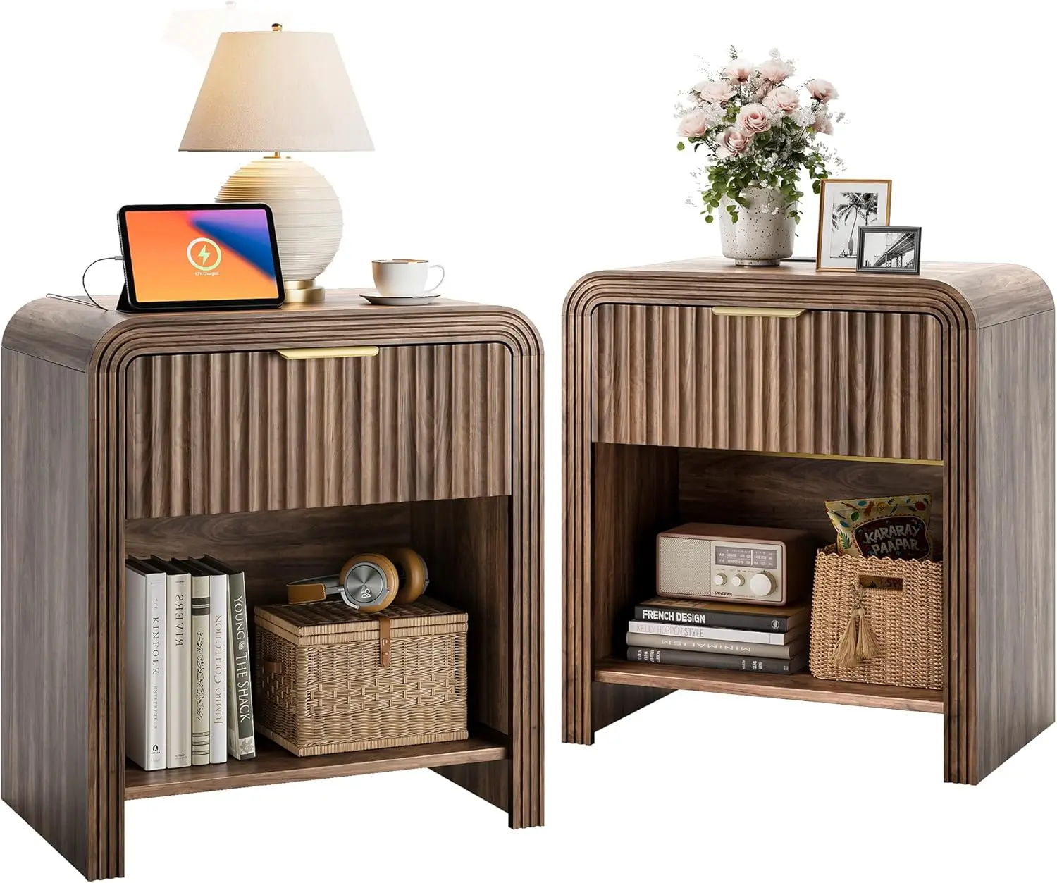 Fluted Nightstand with Charging Station, 2 Pack, Walnut
Fluted Nightstand with Charging Station, 2 Pack, Walnut