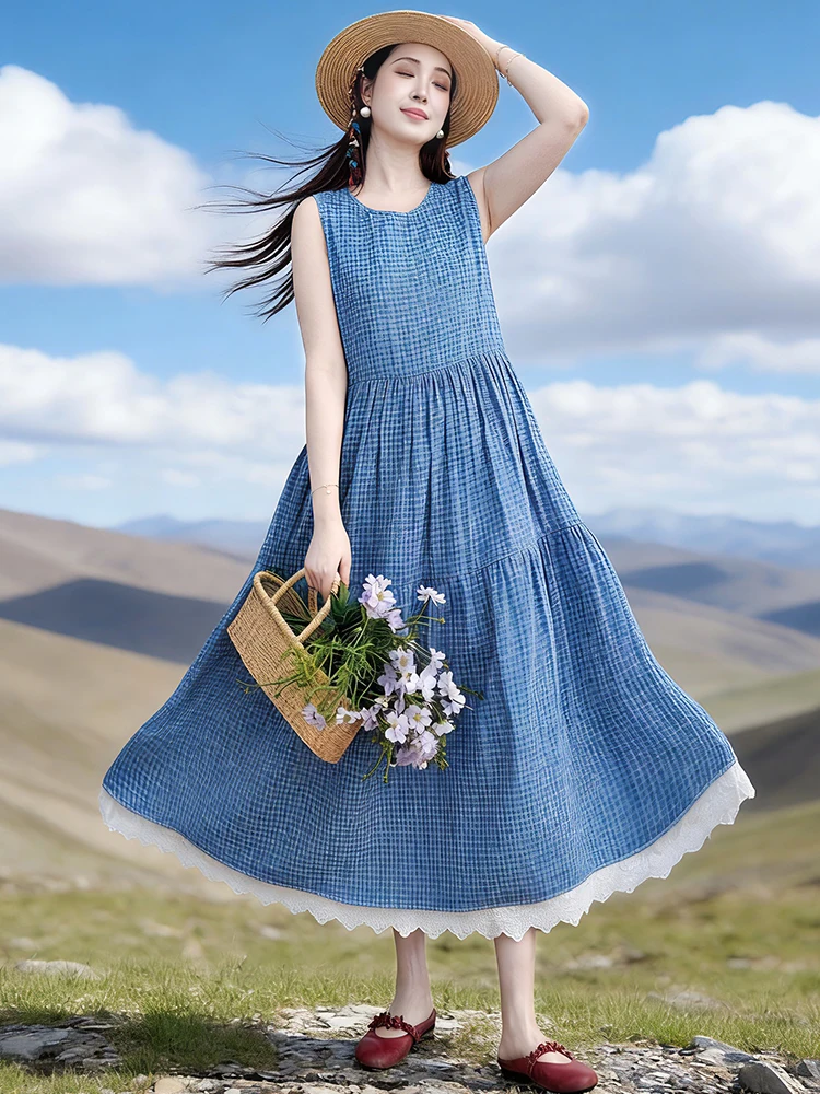 Summer Special round Neck Sleeveless Women's Dress Pure Cotton Double Sided Wear Plaid Skirt Soft Loose Fit City Commute Casual
Summer Special round Neck Sleeveless Women's Dress Pure Cotton Double Sided Wear Plaid Skirt Soft Loose Fit City Commute Casual