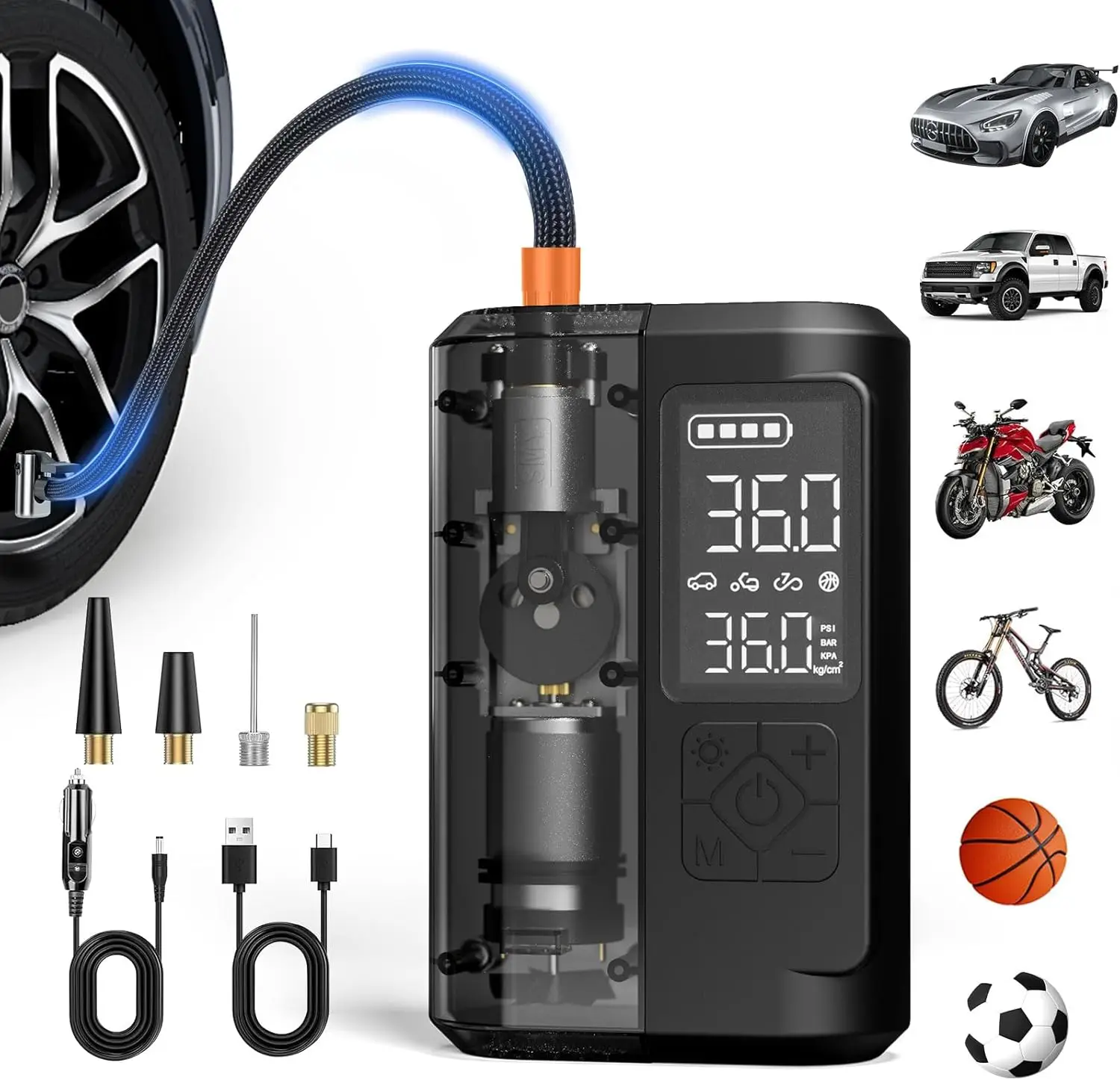 Tire Inflator Portable Air Compressor, 150 PSI Cordless Air Pump for Car Tires, Electric Bike Tire Pump with Digital Pressure Ga
Tire Inflator Portable Air Compressor, 150 PSI Cordless Air Pump for Car Tires, Electric Bike Tire Pump with Digital Pressure Ga