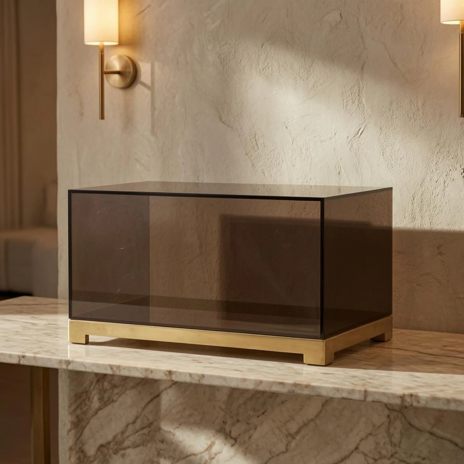 Acrylic Display Box Transparent Brown Acrylic Display Case Collectible Showcase Black Frame Storage Item Gold-Tone Base
Acrylic Display Box Transparent Brown Acrylic Display Case Collectible Showcase Black Frame Storage Item Gold-Tone Base