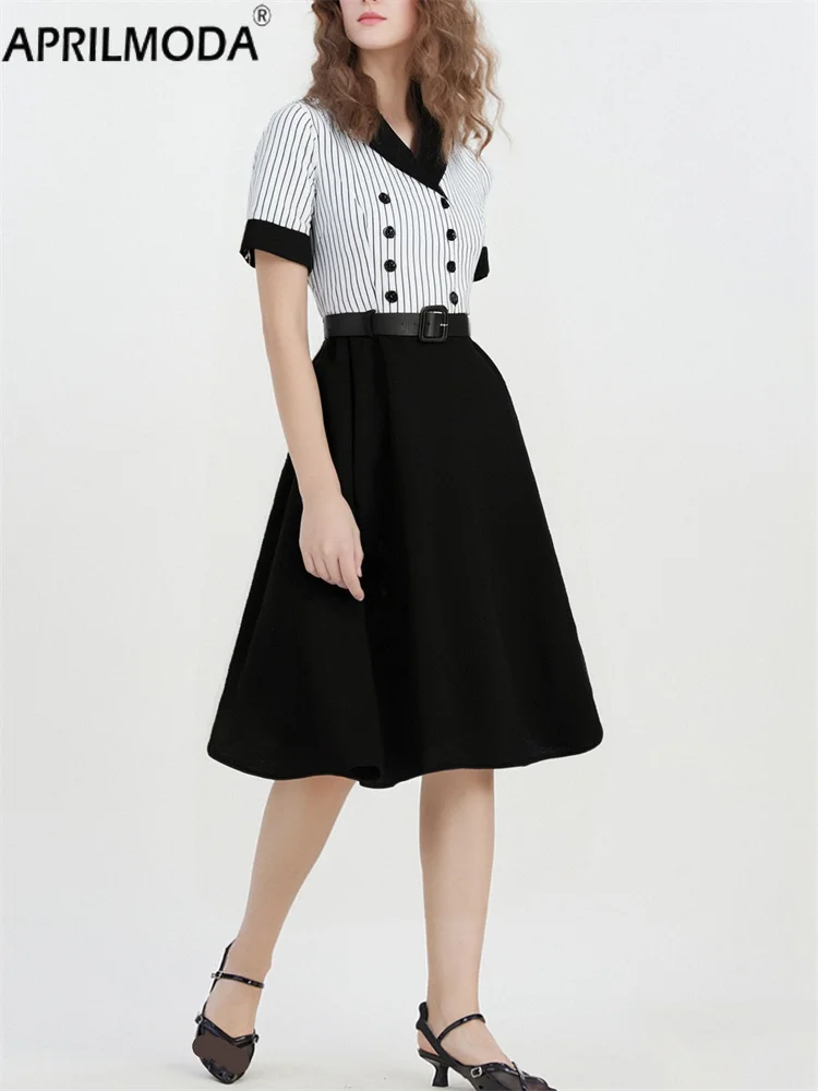 Striped Print Patchwork Black Vintage Swing Dresses Turn-down Collar Double Breasted Spring Summer Belted Elegant Women Dress
Striped Print Patchwork Black Vintage Swing Dresses Turn-down Collar Double Breasted Spring Summer Belted Elegant Women Dress