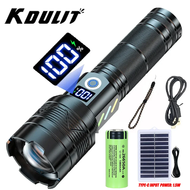 High Power LED Flashlight Type-c Rechargeable Tactical Zoom Torch Solar Charging with Power Display Camping Fishing Lantern
High Power LED Flashlight Type-c Rechargeable Tactical Zoom Torch Solar Charging with Power Display Camping Fishing Lantern