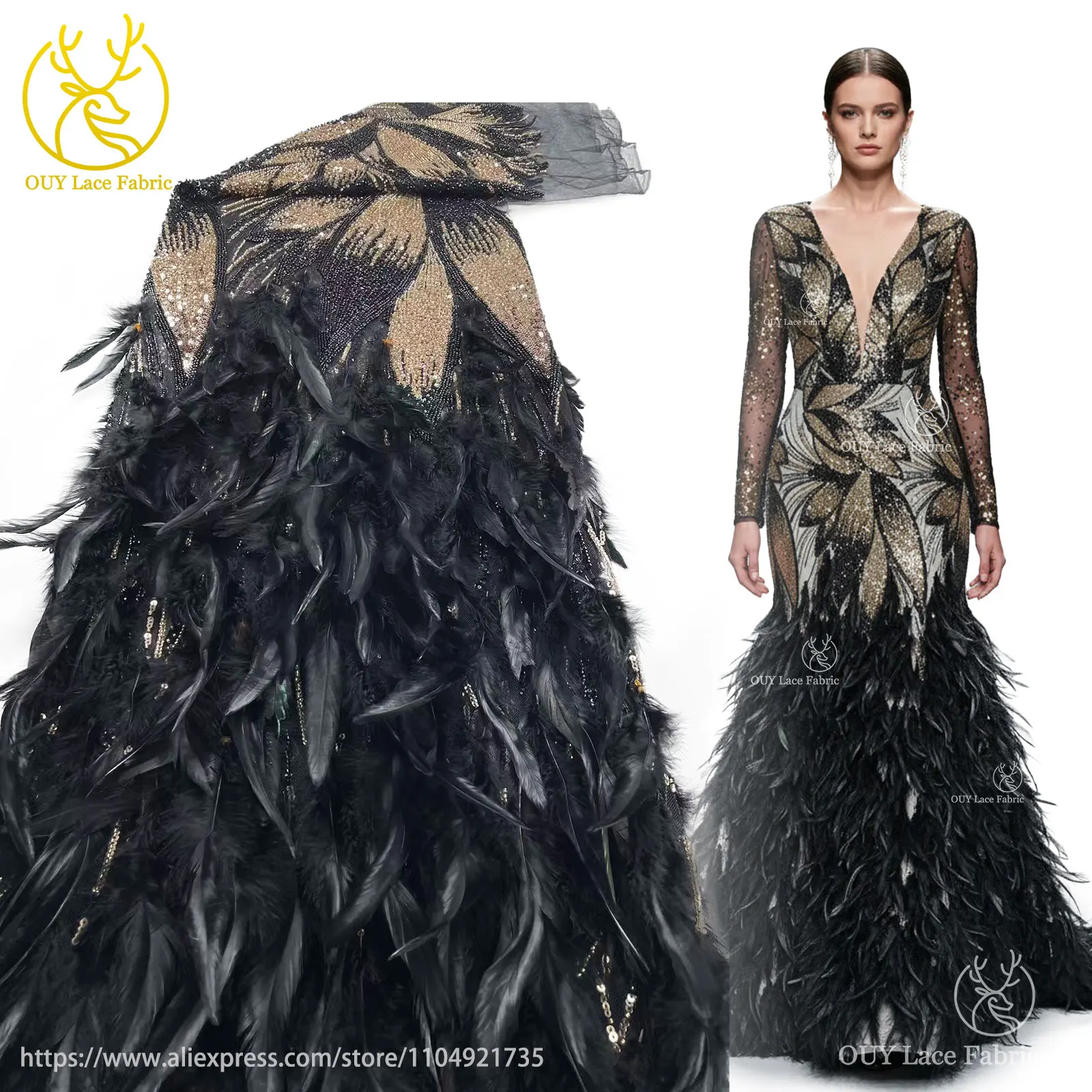 Black 3D Feather Exquisite Luxury Bridal Wedding Dress Fabric 2025 High Quality French Nigerian Beaded Sequin Lace Fabrics
Black 3D Feather Exquisite Luxury Bridal Wedding Dress Fabric 2025 High Quality French Nigerian Beaded Sequin Lace Fabrics