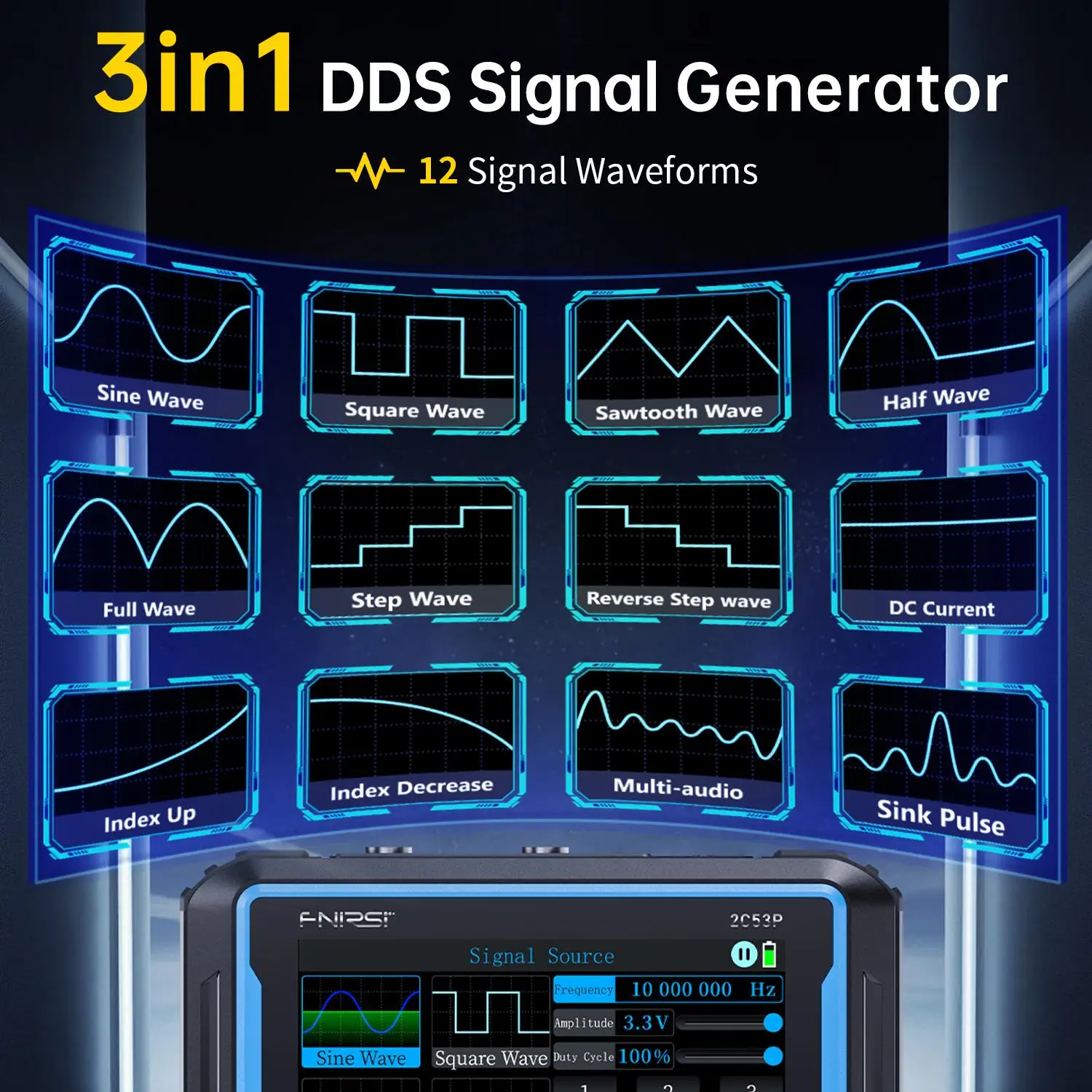 FNIRSI 2C-53P Handheld 3-in-1 Dual Channel Tool 50MHZ Touch Screen Handheld Measurement Device
