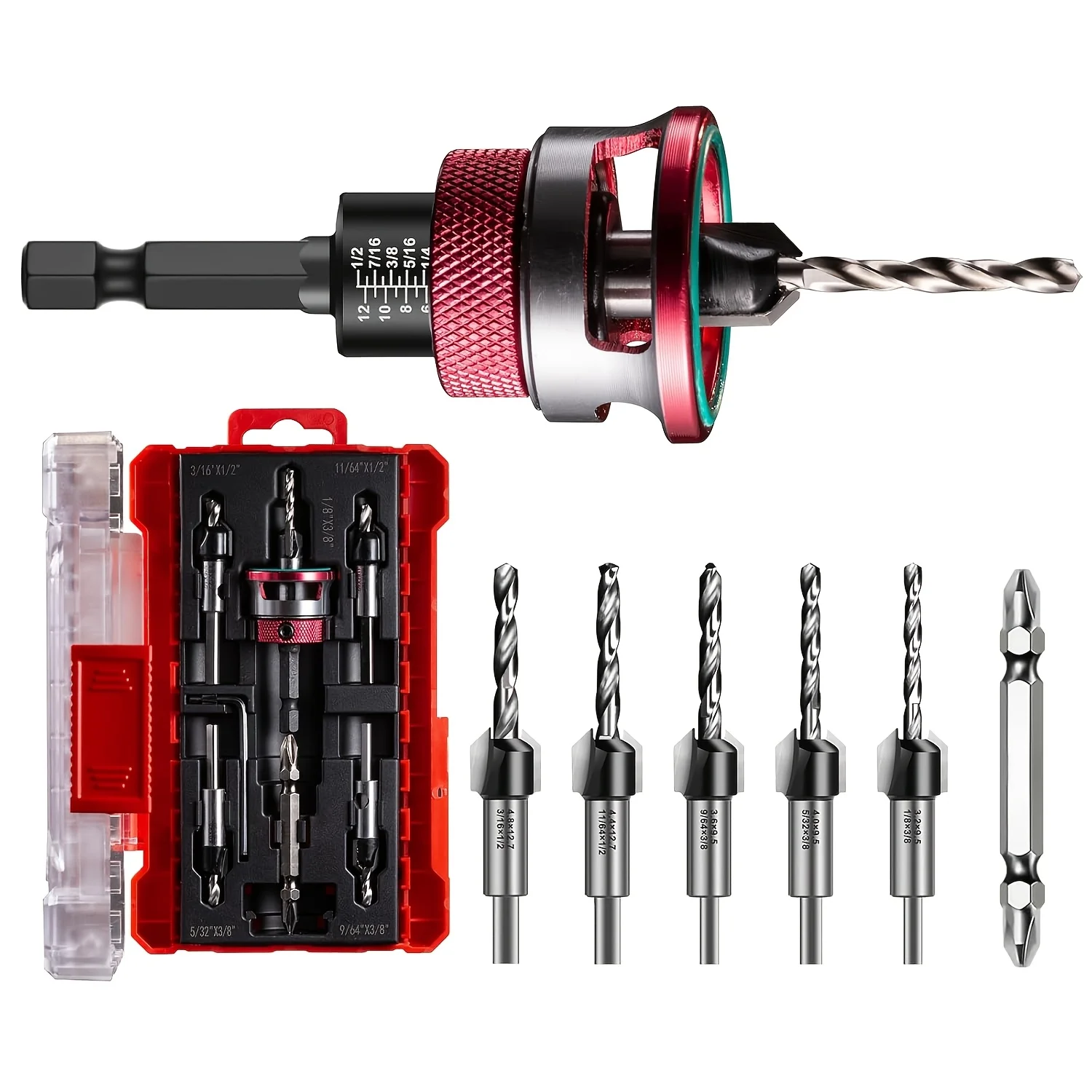 Countersunk Bit Set with Bearing Depth Stopper and 1/4 Hex Shank, HSS M2 Bit for Precision Countersunk and Centering Drilling
Countersunk Bit Set with Bearing Depth Stopper and 1/4 Hex Shank, HSS M2 Bit for Precision Countersunk and Centering Drilling