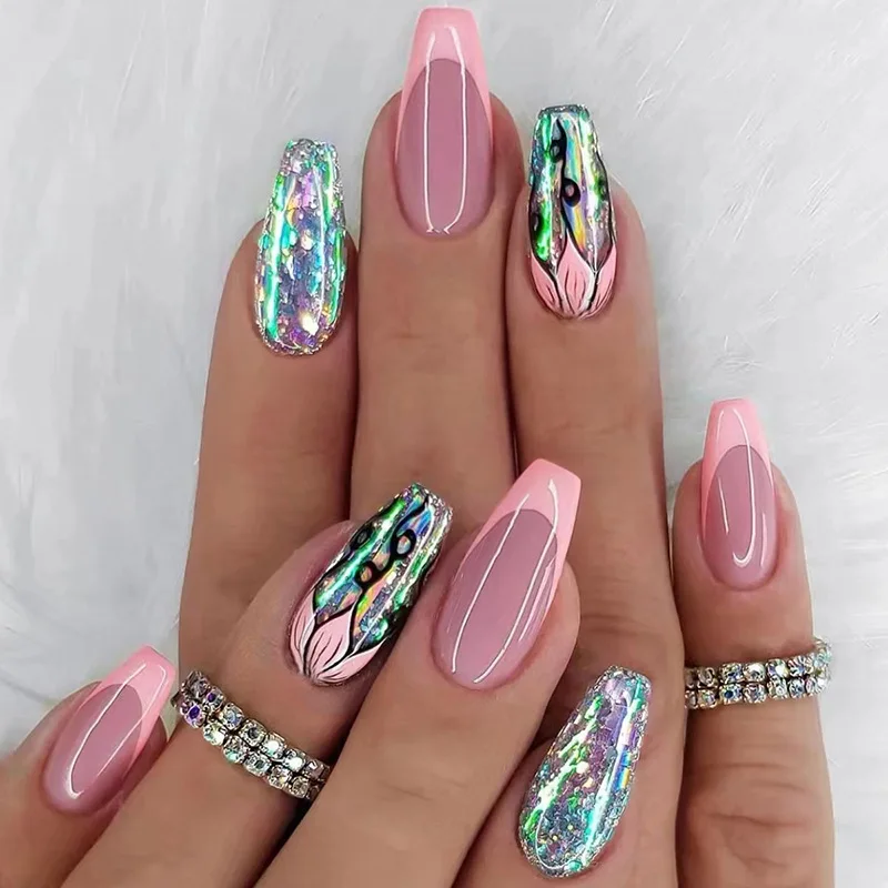 24Pcs Long Coffin Press On Nails, Nude Pink with Pink French Tips & Holographic Glitter Fake Nails
24Pcs Long Coffin Press On Nails, Nude Pink with Pink French Tips & Holographic Glitter Fake Nails