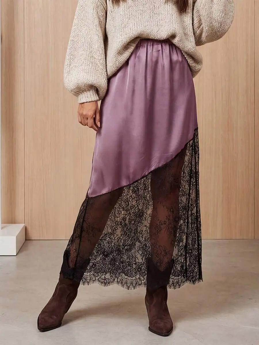 Womens Satin Lace Patchwork High Waist Long Skirt Solid Color Asymmetrical Design
Womens Satin Lace Patchwork High Waist Long Skirt Solid Color Asymmetrical Design