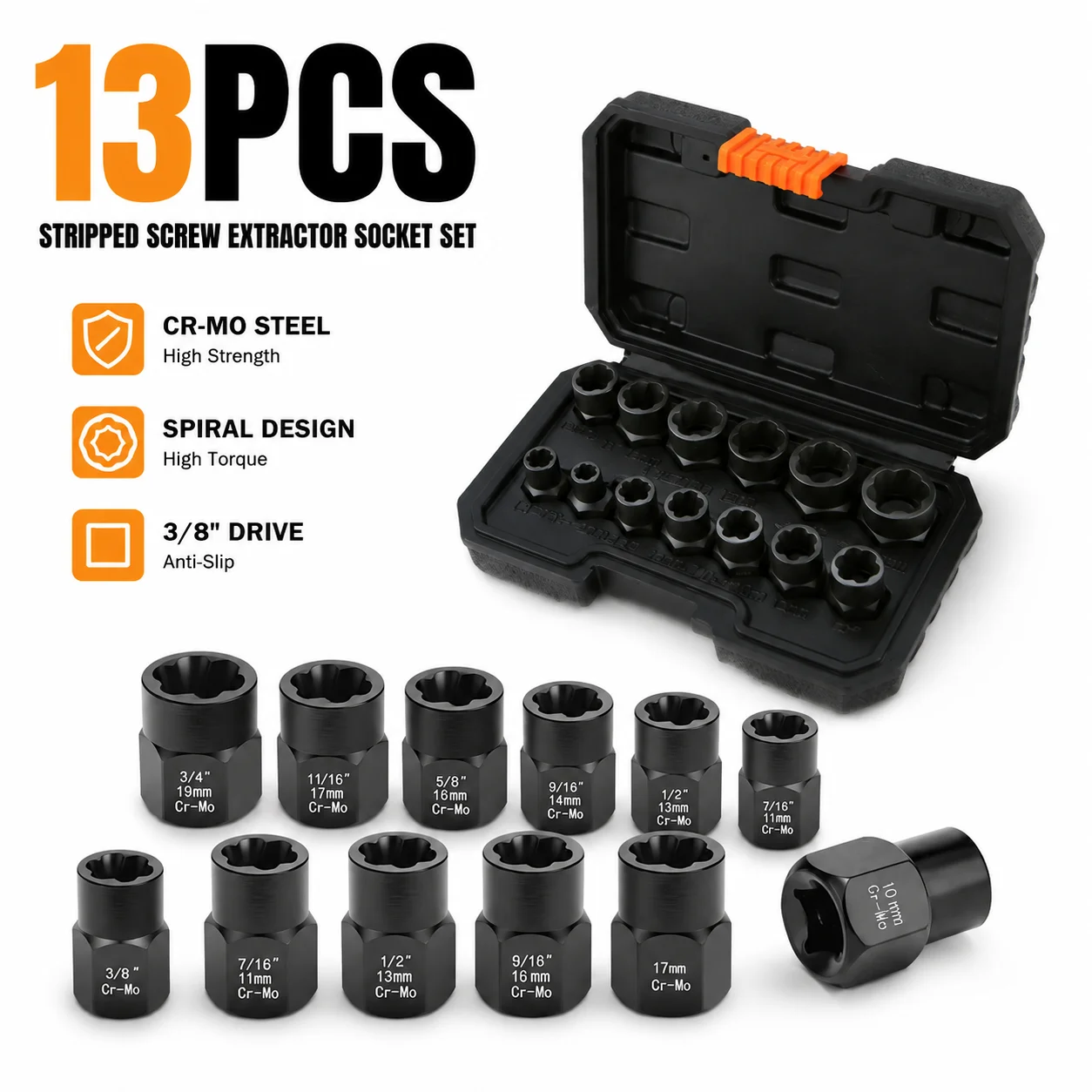Automotive Hand Repair Tool Set, 13-Piece Cr-Mo Alloy Steel Stripped Screw Extractor 6.35-19mm Nut & Bolt Remover Socket Kit
Automotive Hand Repair Tool Set, 13-Piece Cr-Mo Alloy Steel Stripped Screw Extractor 6.35-19mm Nut & Bolt Remover Socket Kit