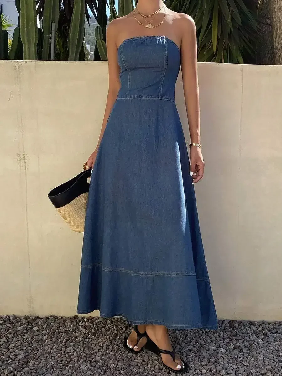 Womens Strapless Backless Denim Maxi Dress Summer Casual Beach Style
Womens Strapless Backless Denim Maxi Dress Summer Casual Beach Style