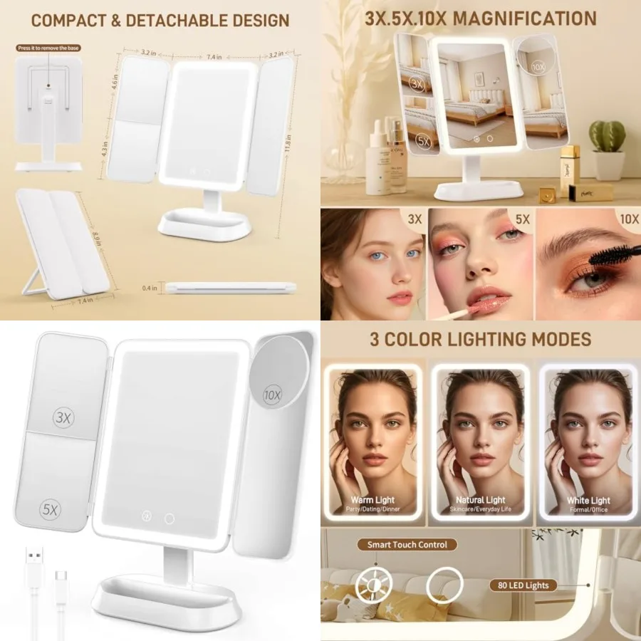 Makeup Mirror with Lights, Rechargeable Mirror with 3X/5X/10X Magnification, Portable Vanity Mirror with for Travel/Desk, Valen
Makeup Mirror with Lights, Rechargeable Mirror with 3X/5X/10X Magnification, Portable Vanity Mirror with for Travel/Desk, Valen