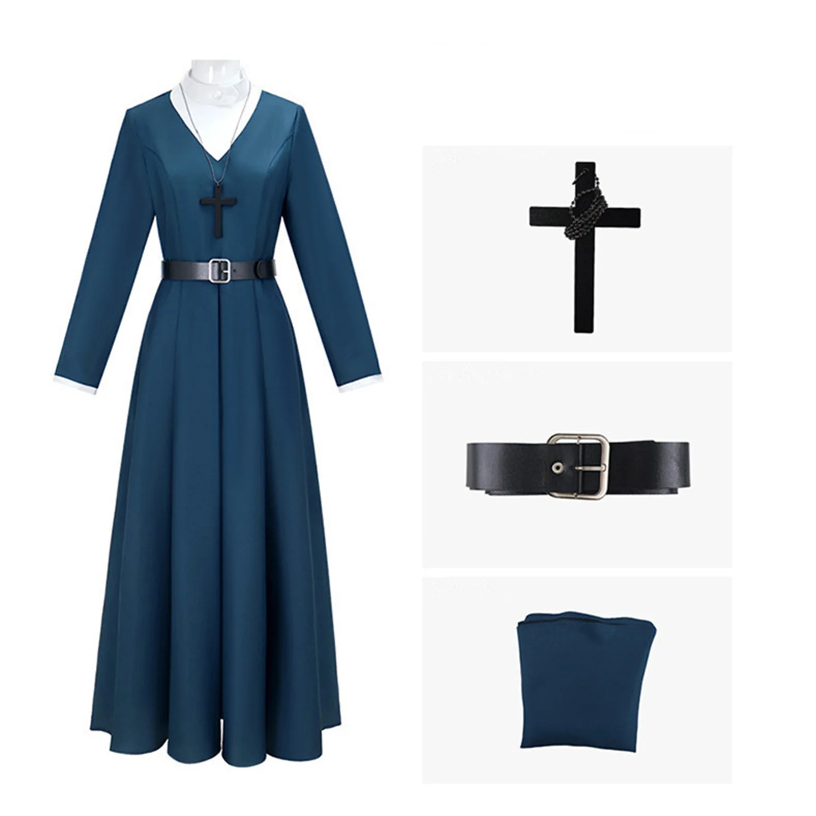 Movie Nun Cosplay Costume Women Blue Dress with Cross Belt Halloween Carnival Party Uniform Retro Church Cantata Robe
Movie Nun Cosplay Costume Women Blue Dress with Cross Belt Halloween Carnival Party Uniform Retro Church Cantata Robe