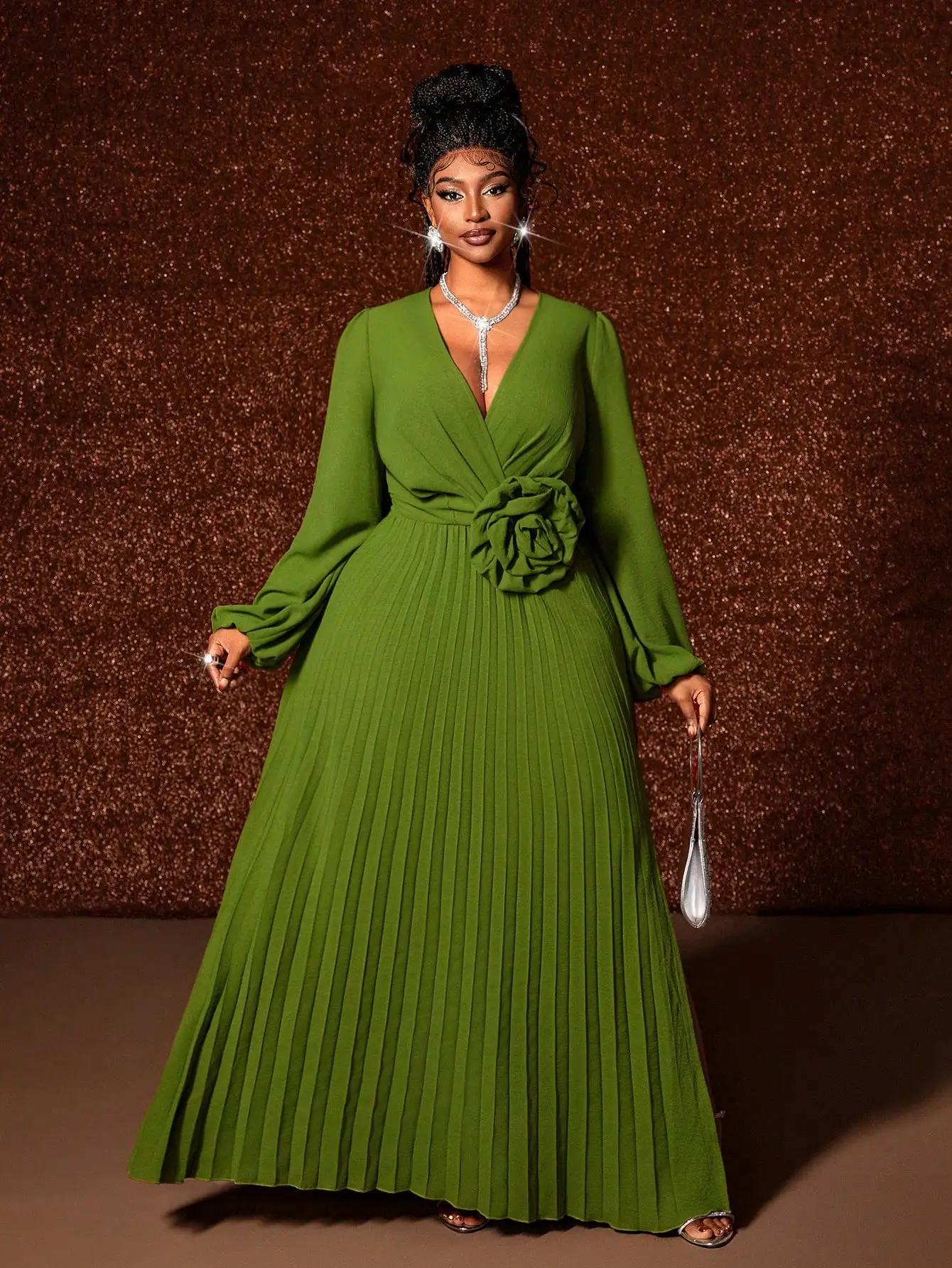 Olive Green V-Neck Pleated Maxi Dress with 3D Floral Waist Detail
Olive Green V-Neck Pleated Maxi Dress with 3D Floral Waist Detail