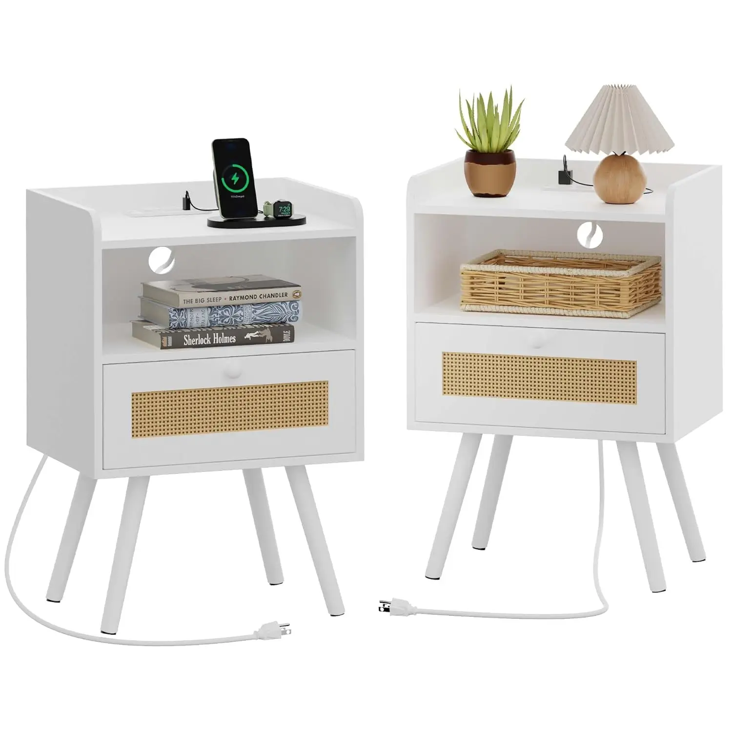 Nightstand Charging Station PE Rattan Drawer Storage Solid Wood Feet Bedroom End Table White, Customized
Nightstand Charging Station PE Rattan Drawer Storage Solid Wood Feet Bedroom End Table White, Customized