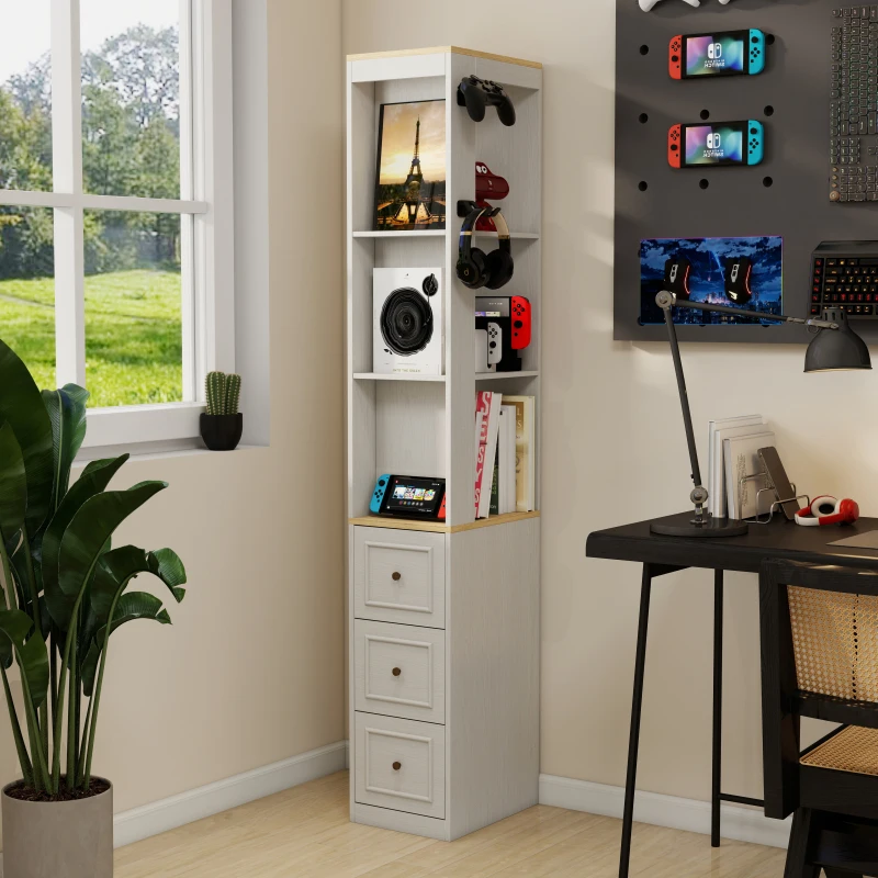 73" Tall Slim Storage Cabinet, 3-Tier Media Storage Cabinet with 3 Drawers and 2 Hooks, Bookcase Display Storage Shelves, Cub
73" Tall Slim Storage Cabinet, 3-Tier Media Storage Cabinet with 3 Drawers and 2 Hooks, Bookcase Display Storage Shelves, Cub