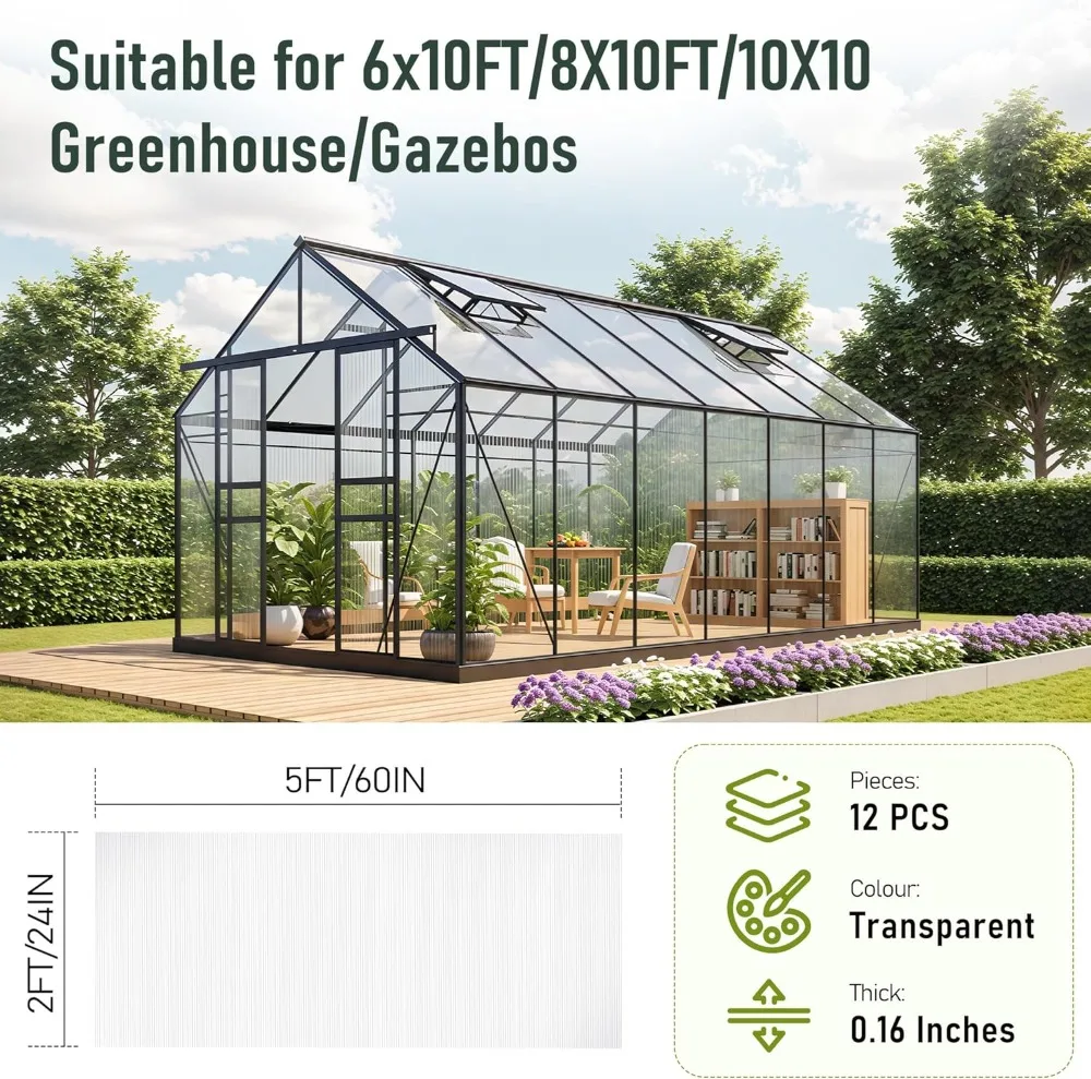 6 Pack 5x2 FT Twin-Wall Polycarbonate Greenhouse Panels, UV Resistant & Weatherproof Roofing Sheets
6 Pack 5x2 FT Twin-Wall Polycarbonate Greenhouse Panels, UV Resistant & Weatherproof Roofing Sheets