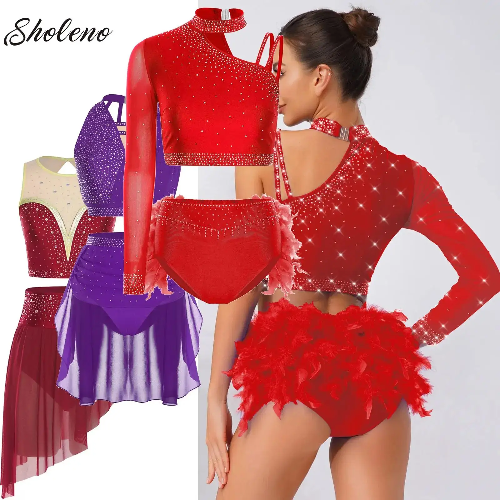 Womens Gymnastics Artistic Figure Skating Ballet Dance Performance Costume Sparkly Rhinestones Crop Top with Feather Briefs 
Womens Gymnastics Artistic Figure Skating Ballet Dance Performance Costume Sparkly Rhinestones Crop Top with Feather Briefs